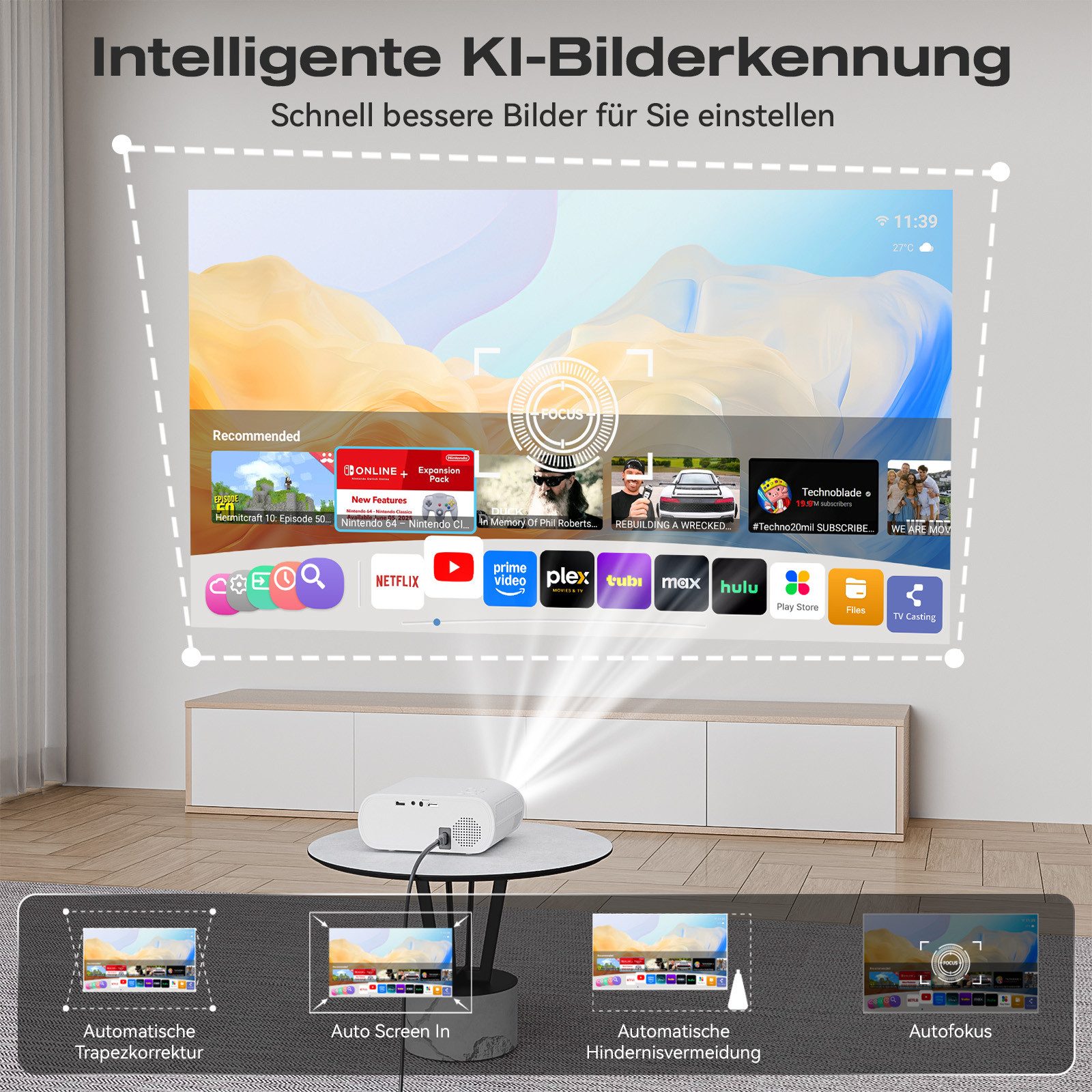 ZOOMCAT Mini Beamer 4K Mit Offiziell zertifizierte App Mini-Beamer (20000 lm, 20000 : 1, 3840x2160, 1920x1080 px, Elektrische Fokussierung, 4D 4P elektronische Trapezkorrektur)