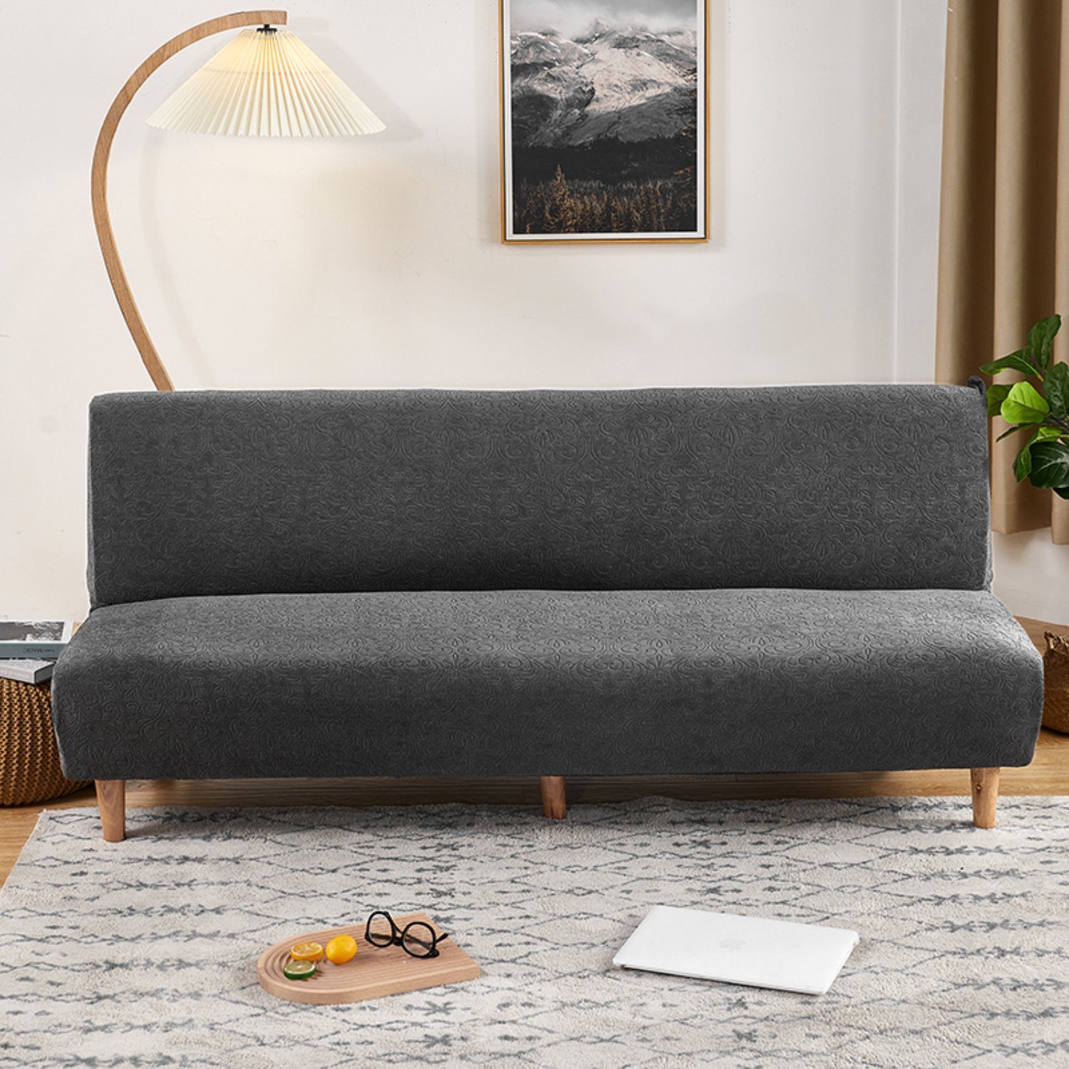 Sofabezug, HOMEIDEAS, Ahornblatt-Jacquardmuster Armloser Sofa- Schonbezug Dunkelgrau-F