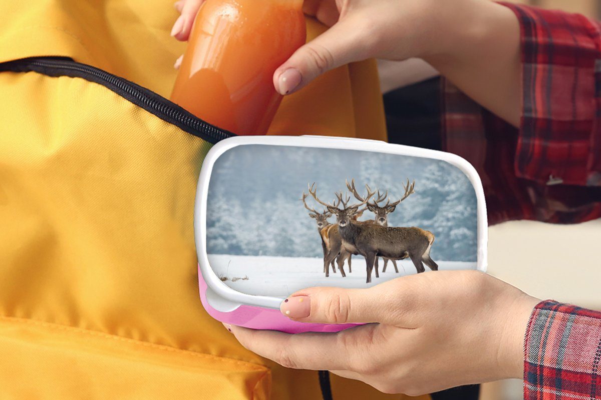 MuchoWow Lunchbox Hirsche - Tiere Brotdose - - Natur, Erwachsene, (2-tlg), Kunststoff Winter Schnee Landschaft Brotbox Kunststoff, Snackbox, Kinder, für Mädchen, - rosa 