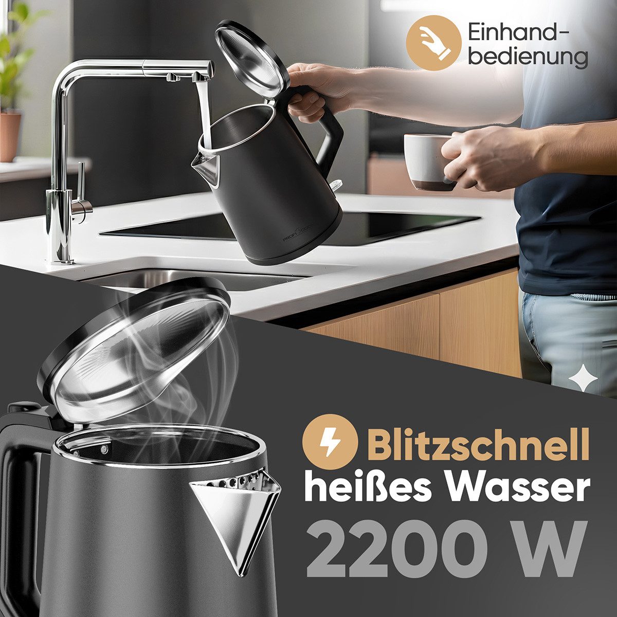 ProfiCook Wasserkocher PC-WK 1290, Wasserkocher 1,5L, 2200W, mattes Gehäuse