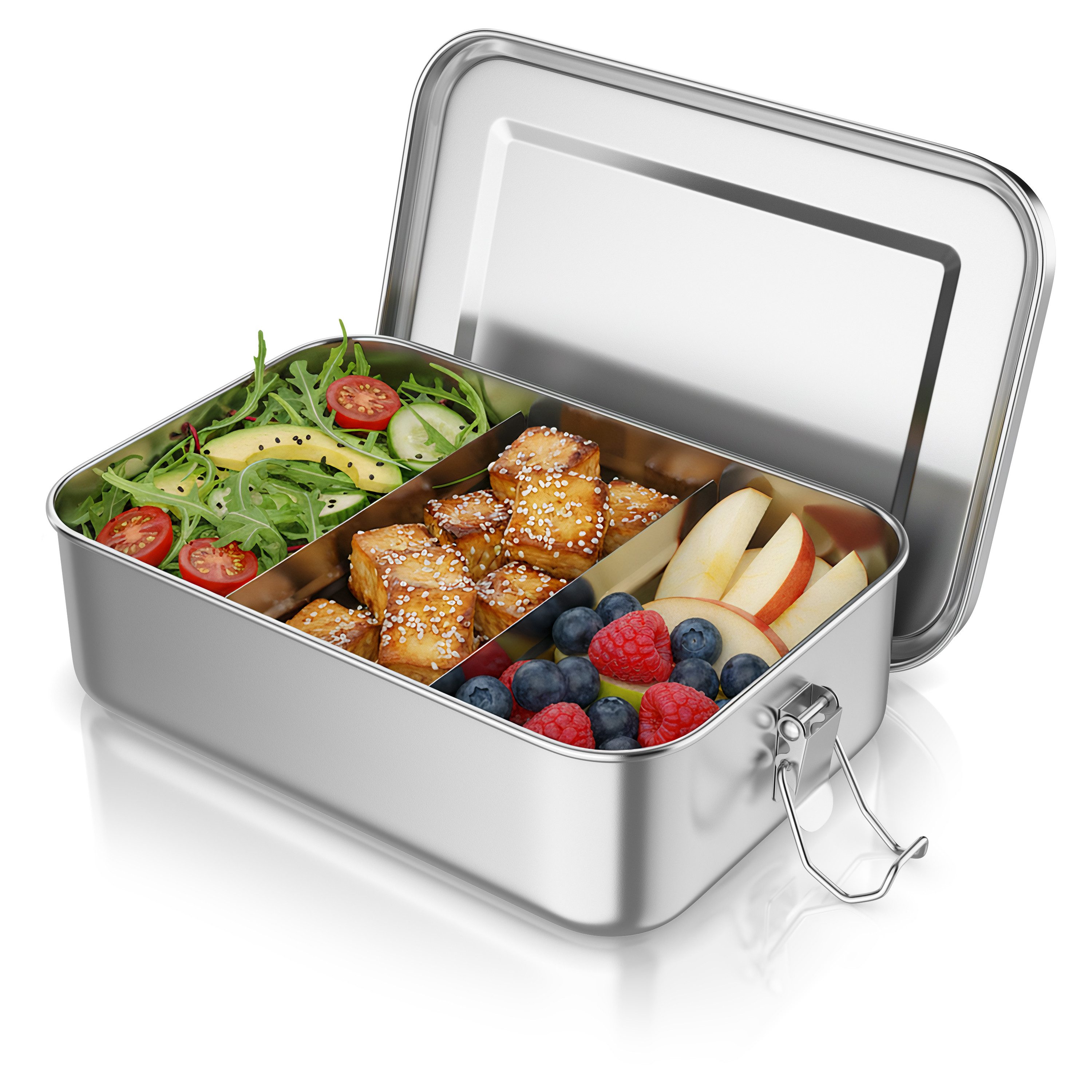 Arendo Lunchbox Edelstahl Brotdose 1400 ml mit Fächern, für Kinder und Erwachsene, Edelstahl, (1-tlg., 2 Trennstege, 2 Silikondichtungen), auslaufsicher, entnehmbare Trennstege, Dichtung, lebensmittelecht