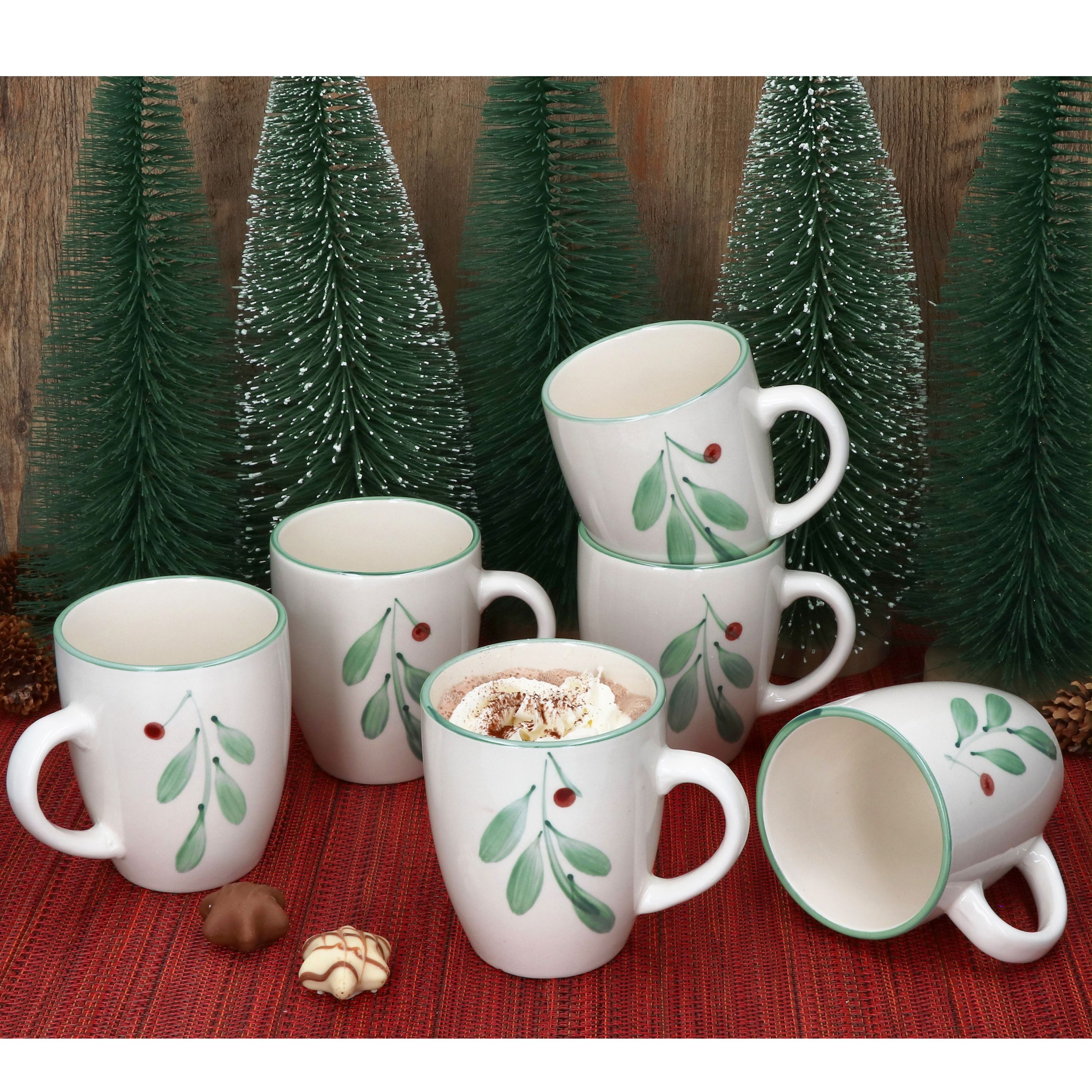 MamboCat Becher 6x Holly Kaffeebecher 320ml Steingut-Tassen Glühwein Tee Mistelzweig, Steingut, Weihnachtsgeschirr, Weihnachten, Weihnachtsset, Geschirr
