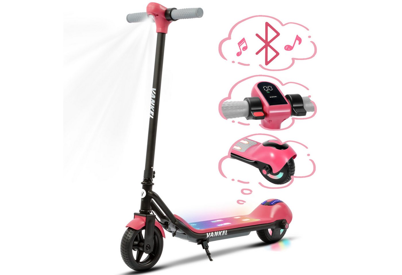 Vankel Elektro-Kinderroller E-Scooter für Kinder ab 6 Jahren, Bluetooth, 14 km, mit LED-Licht, Bunte Beleuchtung, E-Roller für Garten, Hof und Familienausflüge