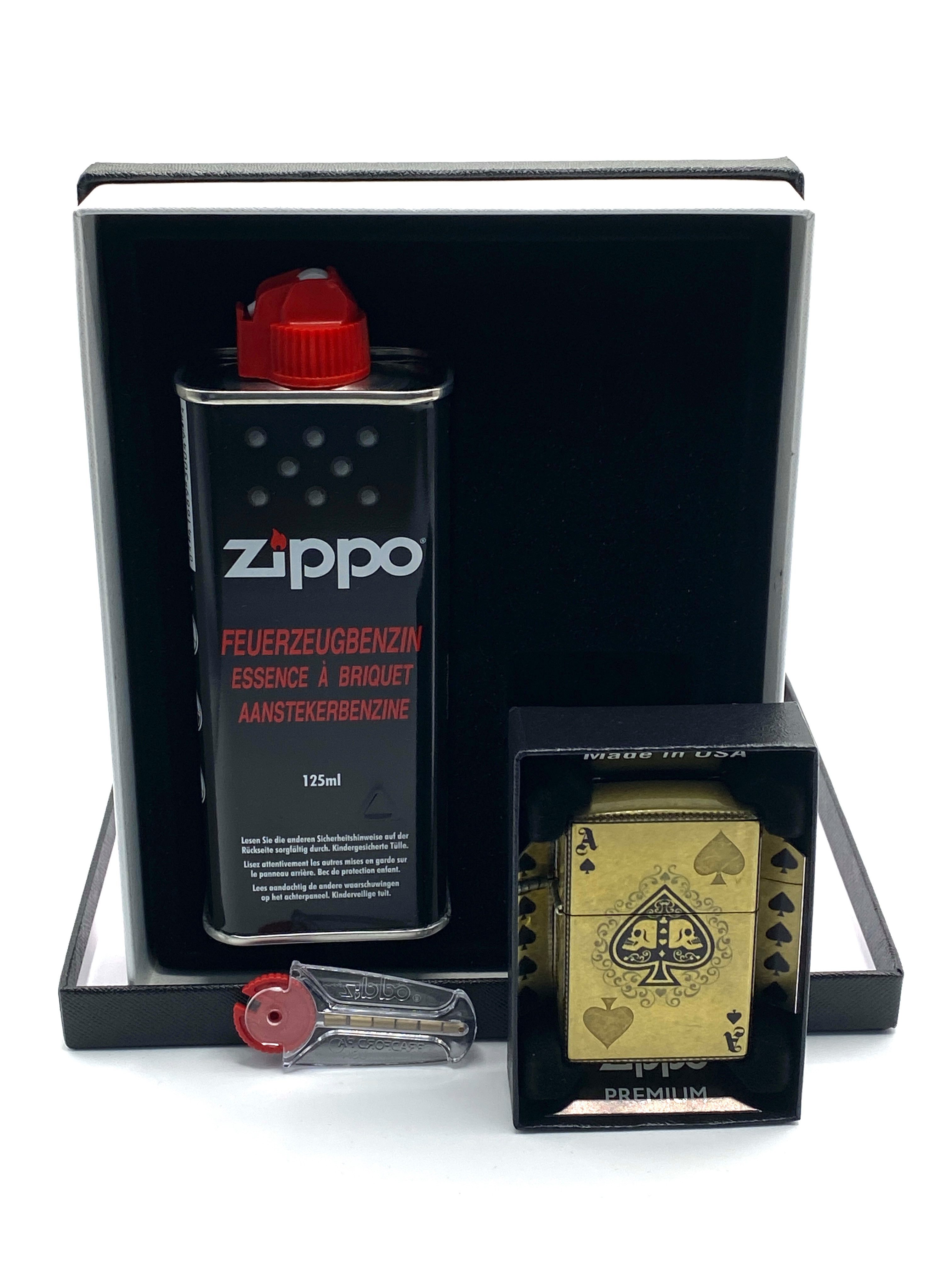 Feuerzeug 540° Tumbled Brass Pik As Skull Fusion Ace of Spades Geschenkset