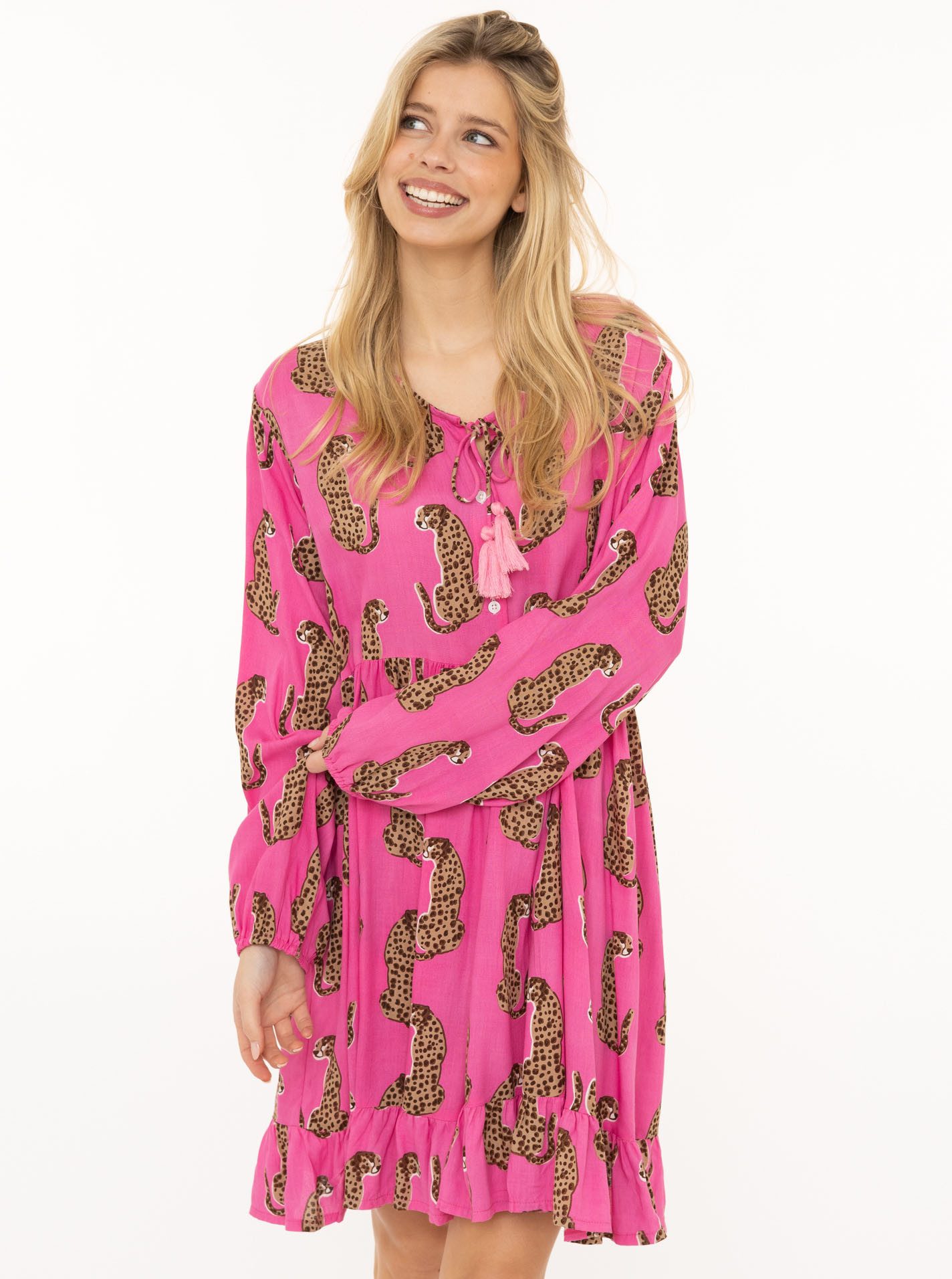 Zwillingsherz Sommerkleid "Loevely Leopard" Leopardenmotiv, mit Tassel, lange Ärmel, figurumspielend