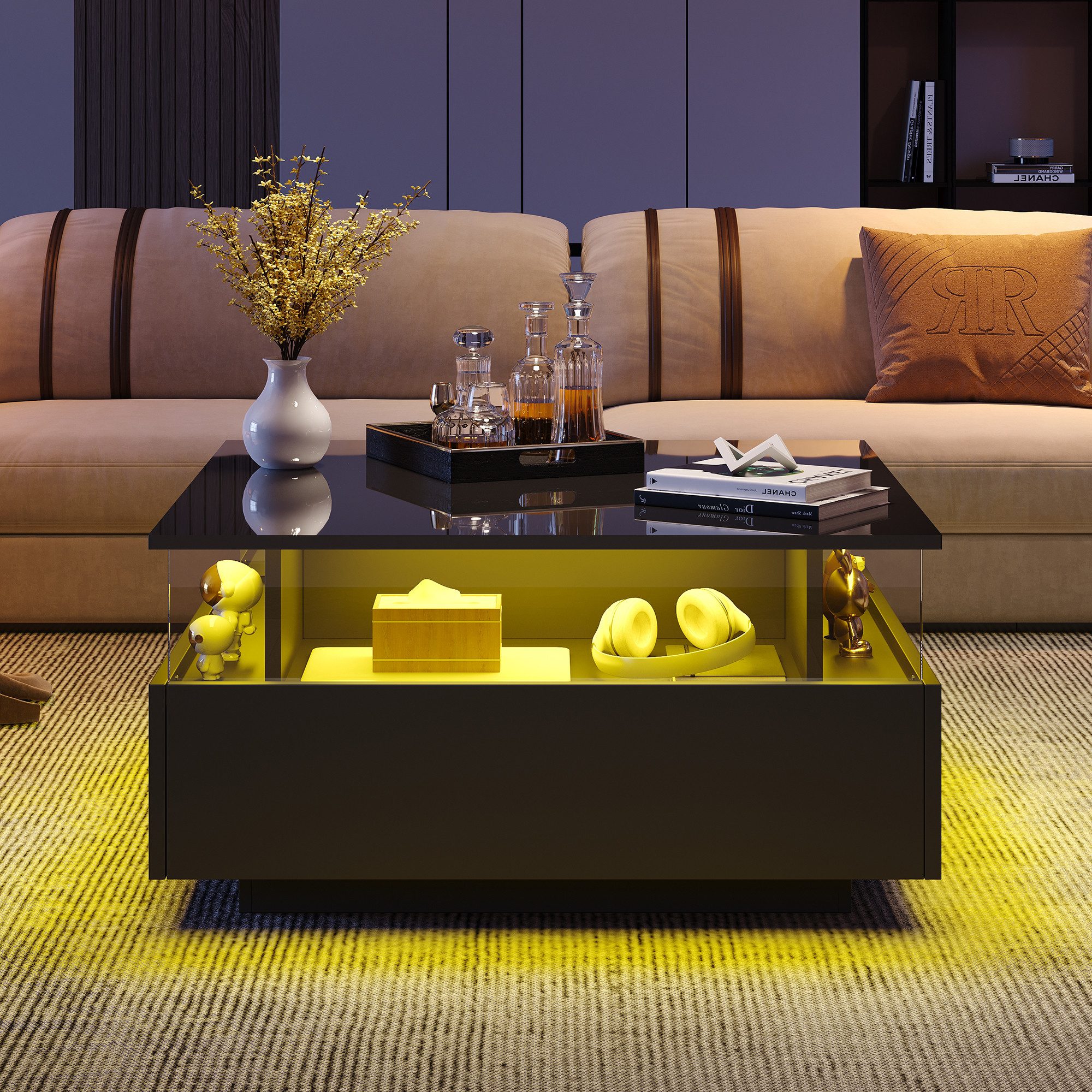 OKWISH Couchtisch hochglanz Sofatisch mit LED-Beleuchtung günstig online kaufen
