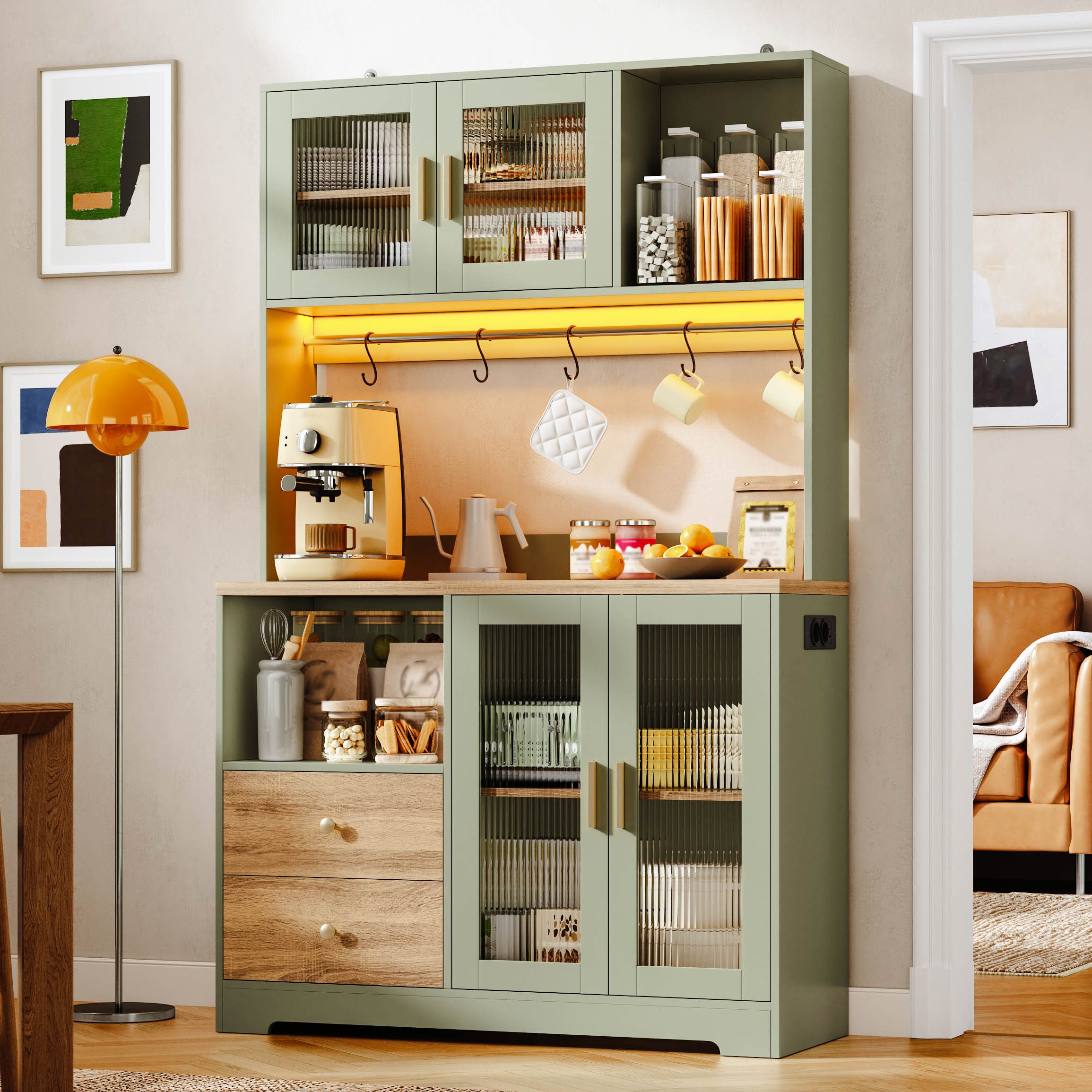 Flieks Küchenbuffet Hochschrank mit Arbeitsplatte in Holzoptik, Steckdose, LED-Beleuchtung (B110/T40/H178 cm, 1-St., Multifunktionsschrank mit Haken, Ladenfunktion) Küchenschrank Mehrzweckschrank mit Glastür, verstellbarer Ablagen Grün