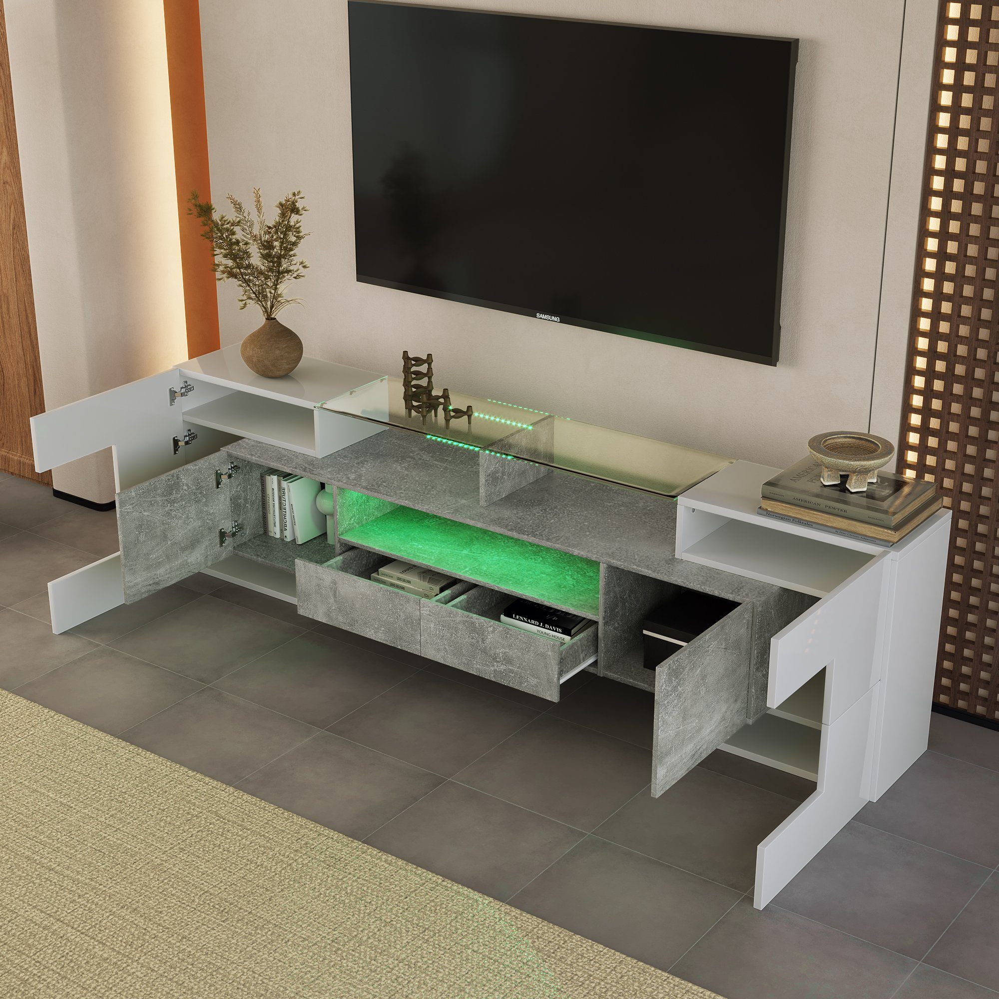 REDOM TV-Schrank Lowboard (1-St., Weiß, 200 cm) Elegante Glasoberfläche., LED-Beleuchtung Weiß+Grau | TV-Schränke