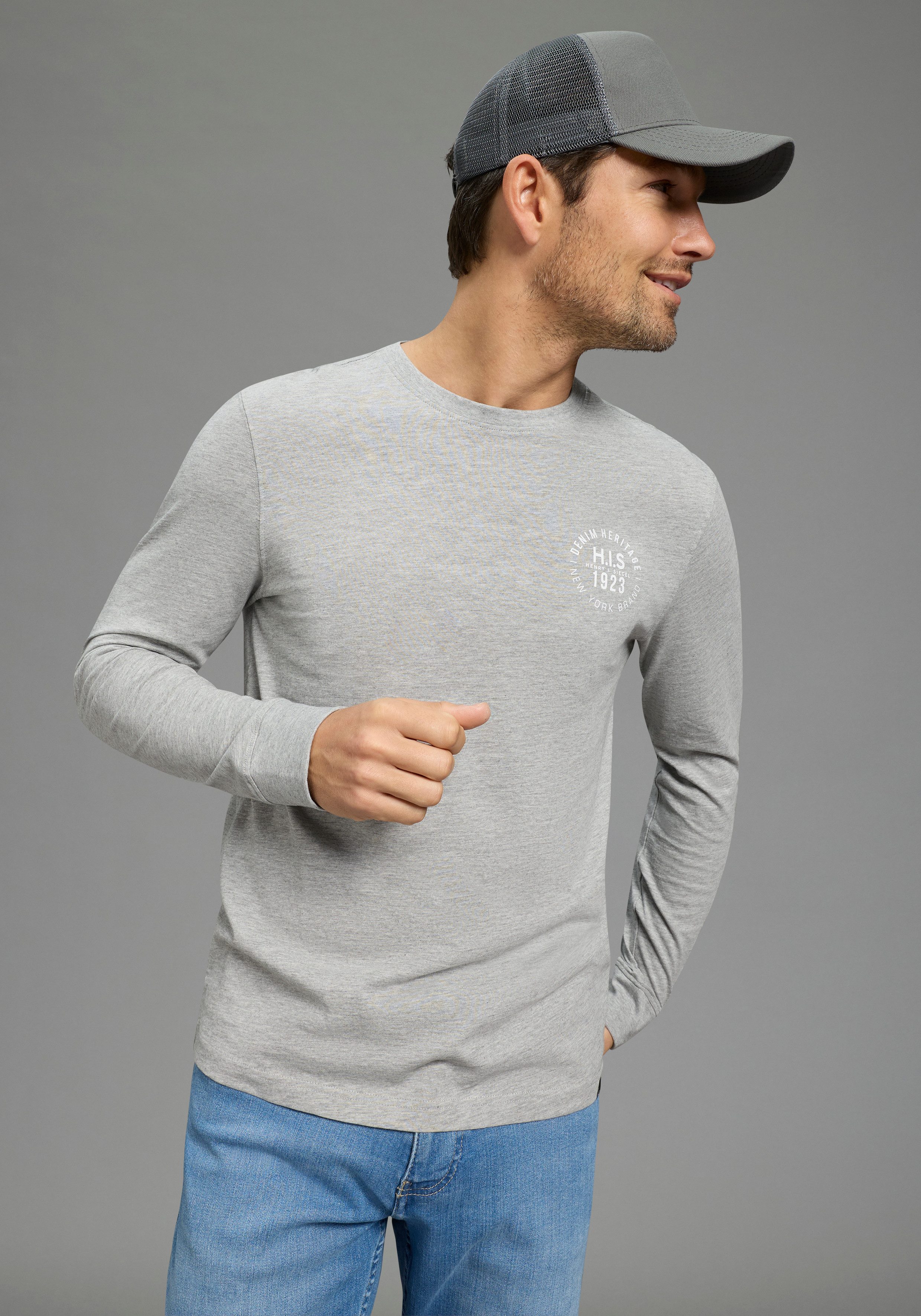 H.I.S Langarmshirt (Packung, 2-tlg., 2er-Pack) Langarm, bedruckt, Rundhalsausschnitt, aus 100% Baumwolle