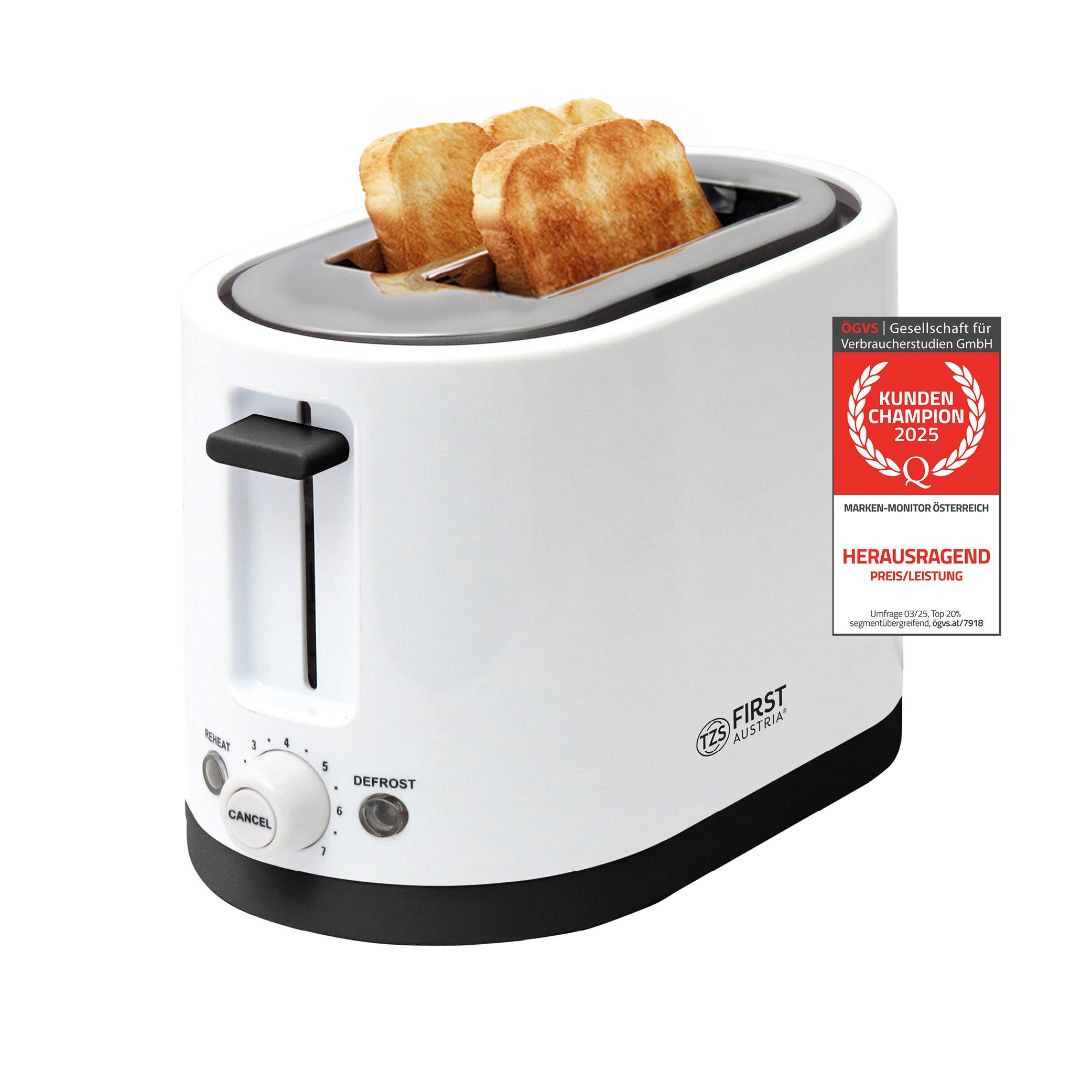 TZS FIRST AUSTRIA Toaster 750W, 2 Scheiben, 7 Stufen, weiß, für 2 Scheiben, 0 W, Warmhalte- und Auftaufunktion, inkl. Krümelschale