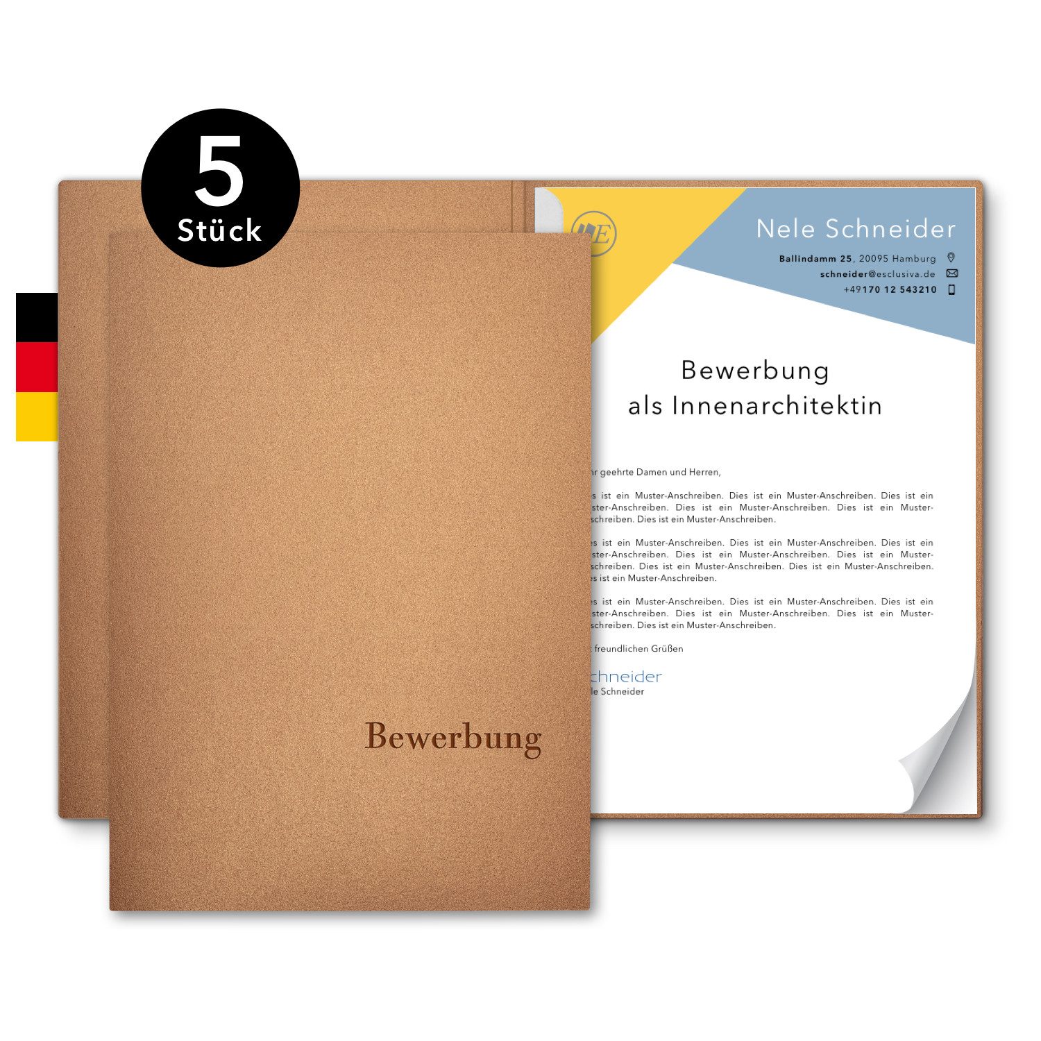 STRATAG Bewerbungsmappe Esclusiva® Classic Metallic - 5 Stück 1-teilig mit 1 Klemmschiene (Set, 5-St., Premium-Qualität mit hochwertiger Prägung Bewerbung), direkt vom Hersteller STRATAG - handgefertigt in Deutschland