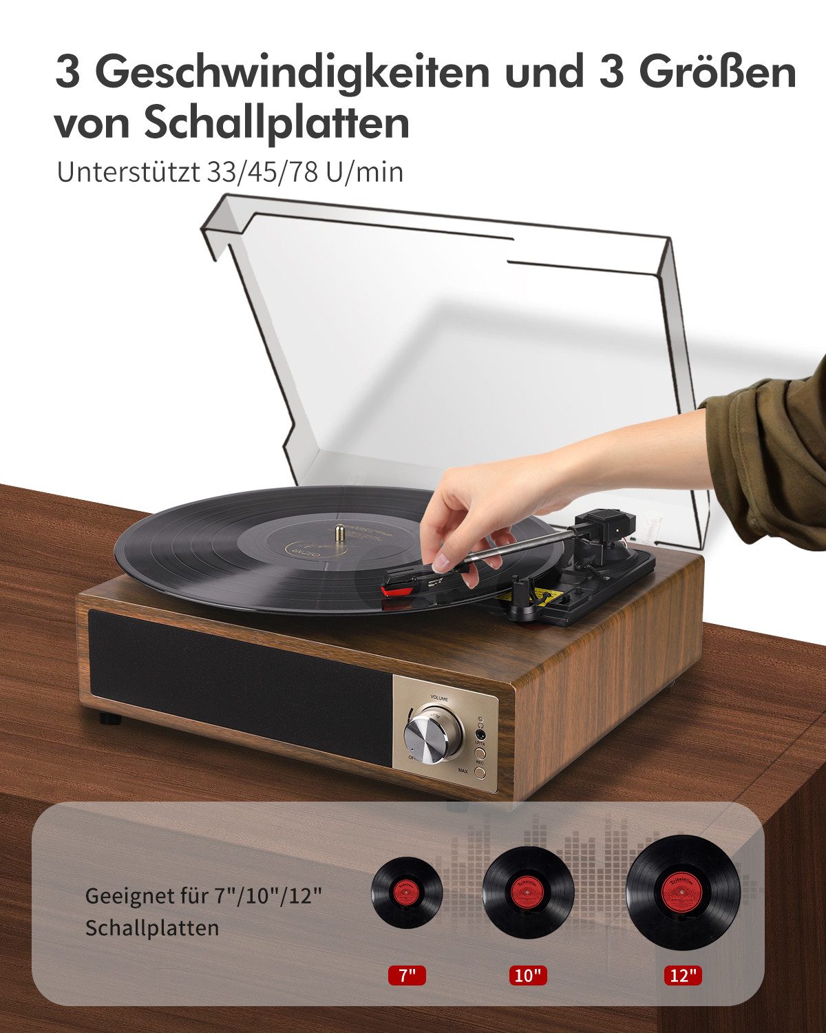 Fofile Bluetooth 5.4 Schallplattenspieler mit 2 Stereo-Lautsprecher 3-Gang Plattenspieler (Vinyl Player, unterstützt Kopfhörer/AUX-Eingang/RCA-Ausgang/USB) – Bild 4 von 5