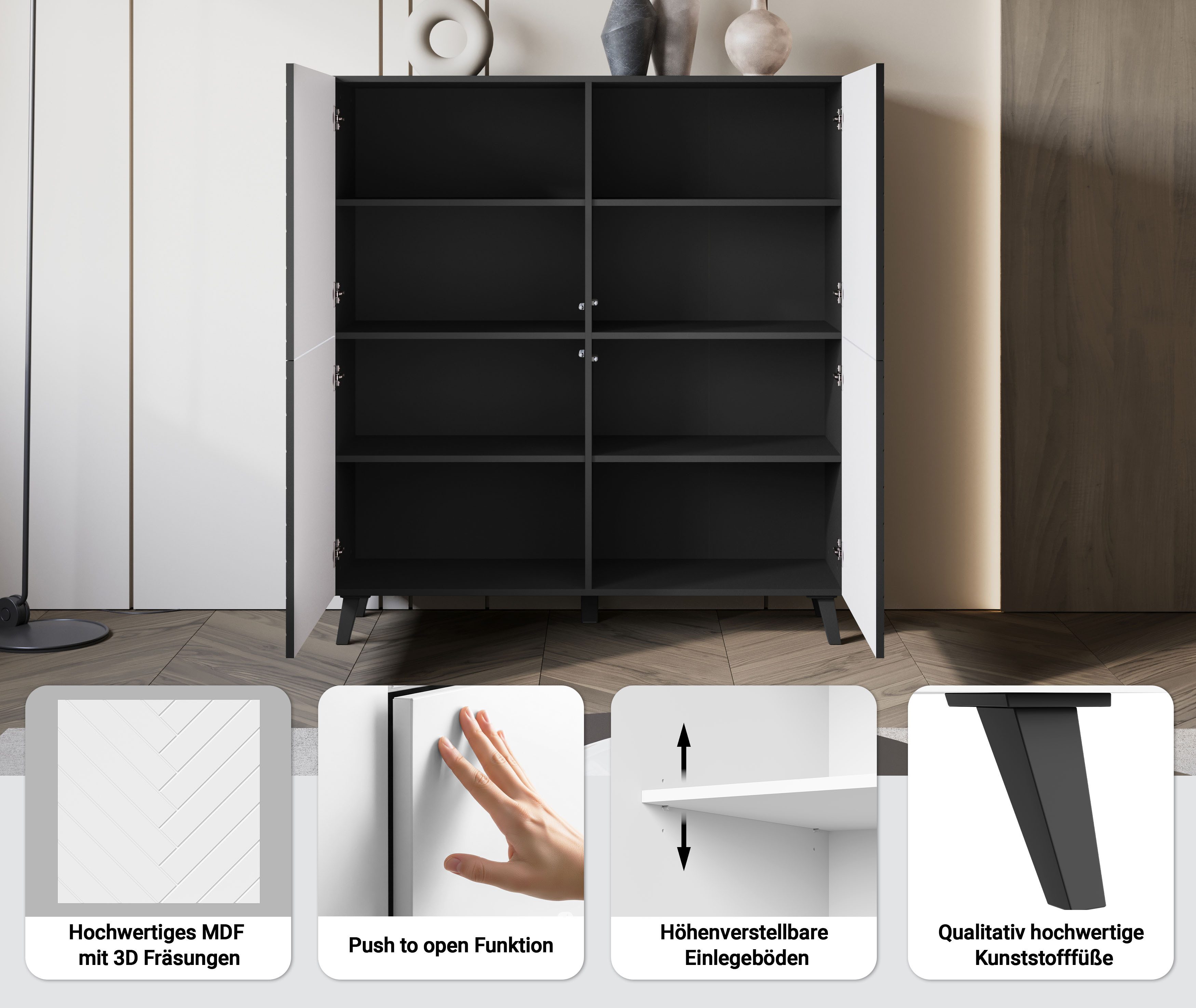 Home affaire Highboard Phuket, Front MDF, moderne Kommode mit 4 Türen und 8 Fächern, Breite 120 cm