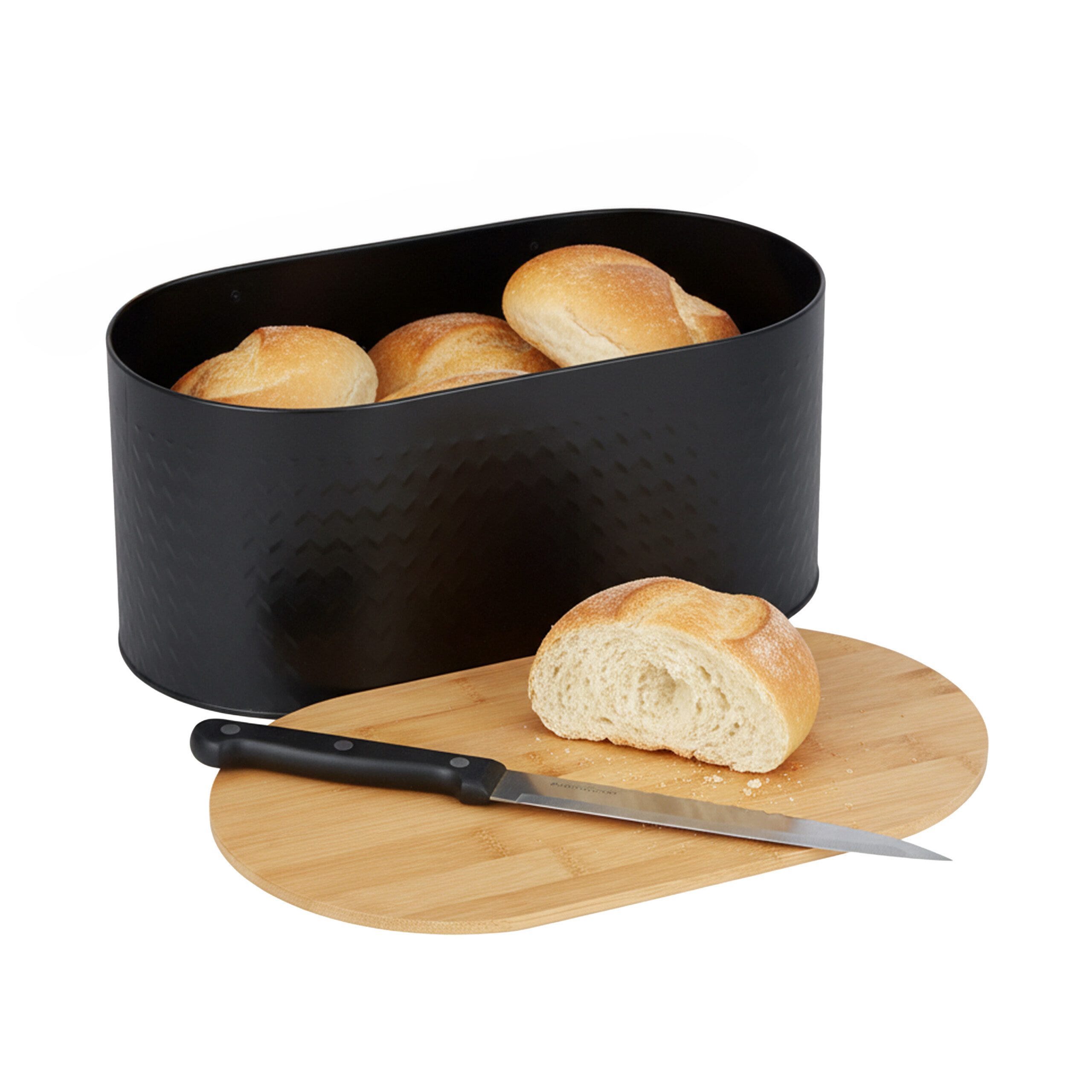 relaxdays Brotkasten Ovaler Brotkasten mit Bambusdeckel, Stahl, (1-tlg), schwarz