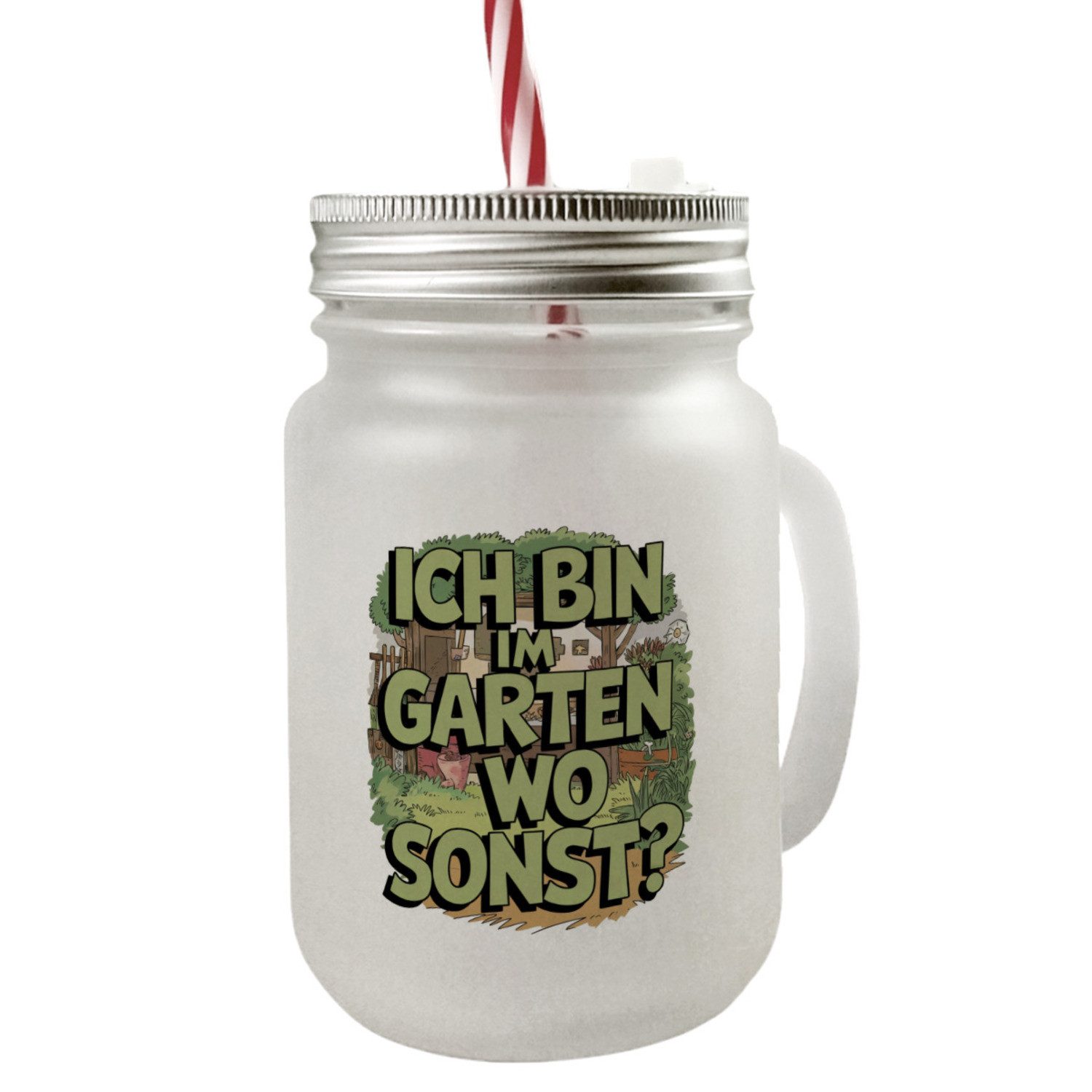 Glas Im Garten, wo sonst? Mason Jar Henkel Trinkglas mit Deckel Gartenszene