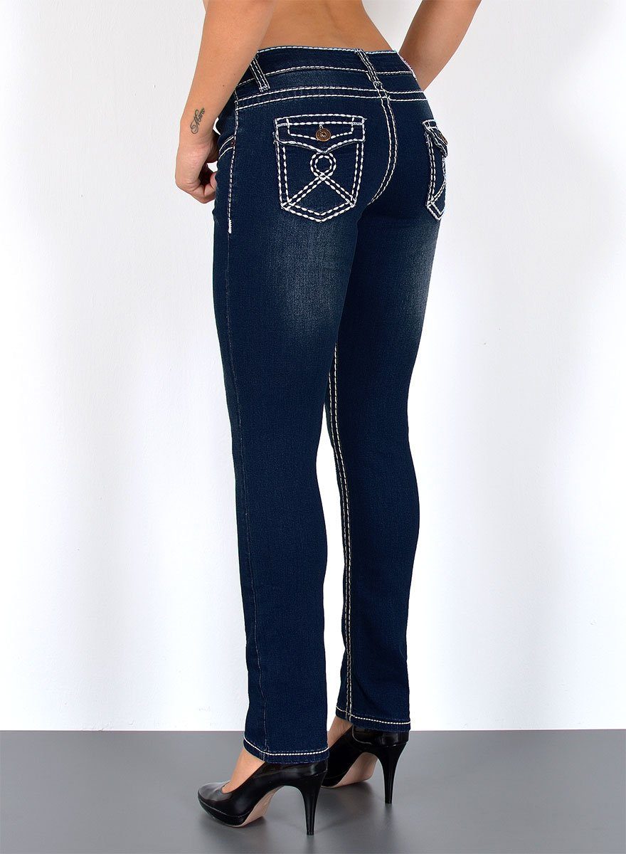 ESRA Straight-Jeans Straight Jeans Damen Jeans Hose weiße Naht Kontrastnaht bis Übergröße High Waist Jeans Damen Hose Stretch mit dicker Naht bis Plus Size