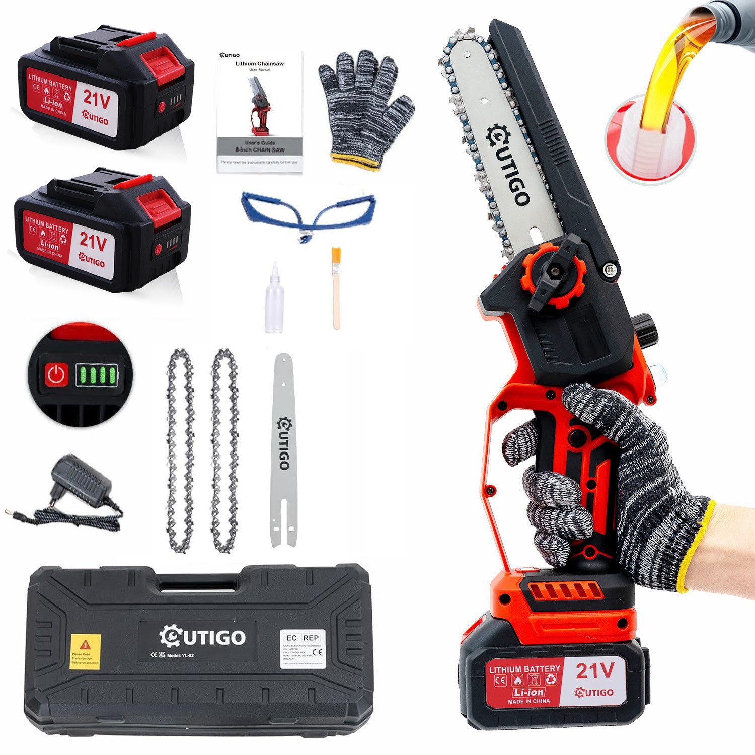 OUTIGO Akku-Kettensäge 6 ZOLL, 15,00 cm Schwertlänge, 3Ah Akku, Mini Бензопилы mit Akku, 6000mAh,Akku-Elektro-Kettensäge,800 W