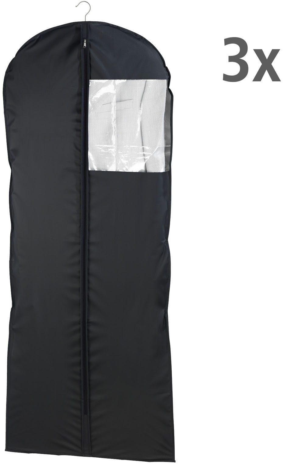WENKO Kleidersack Modell Deep Black (Set, 3 St) 60 x 150 cm, abwaschbar, mit Reißverschluss & Sichtfenster