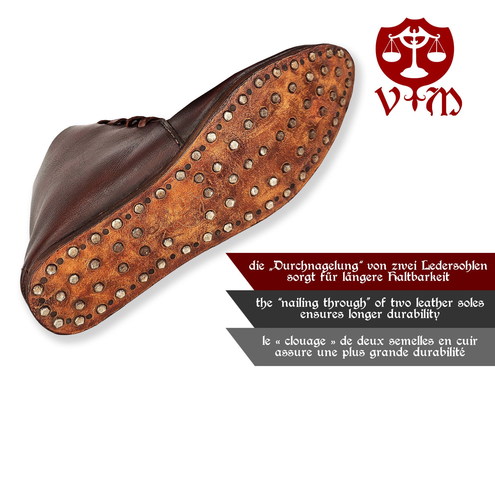 Vehi Mercatus Ritter-Kostüm Mittelalter Schuhe Typ London genagelte Doppelsohle Braun