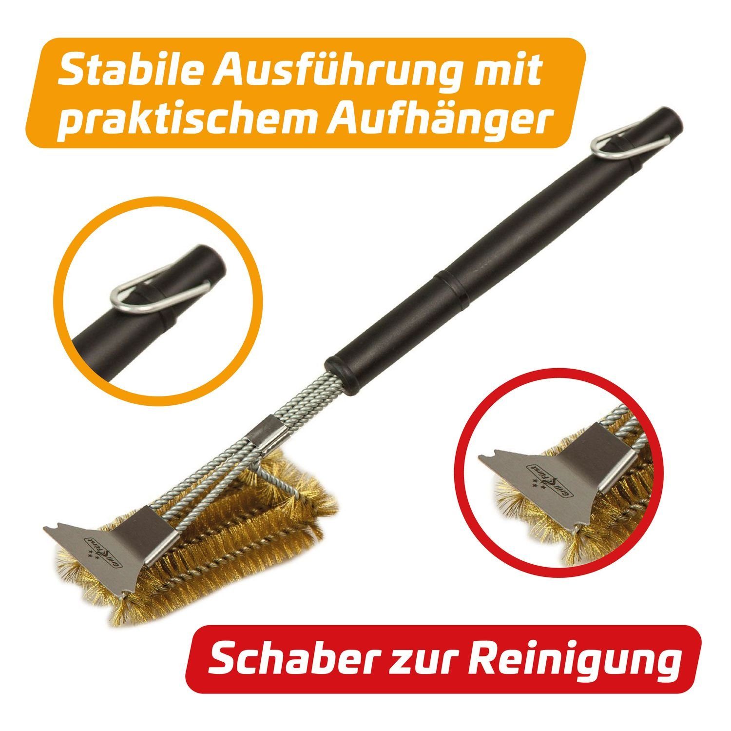 Grillfürst Grillbürste Grillfürst Grillbürste Messing für Gusseisen Roste, mit langem 3-fach Bürstenkopf und Schaber