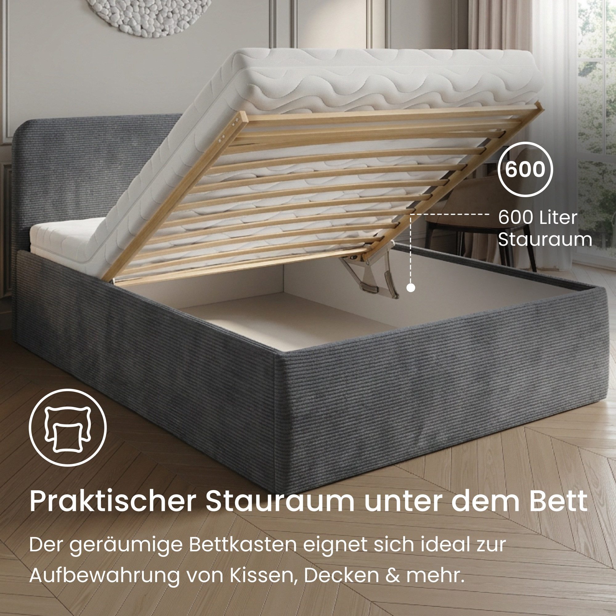 Home Collective Polsterbett Bett mit Stauraum, verstellbarem Lattenrost, viele Größen (Größen: 100x200 120x200 140x200 160x200 180x200 200x200, hochwertiger Kor – Bild 4 von 5