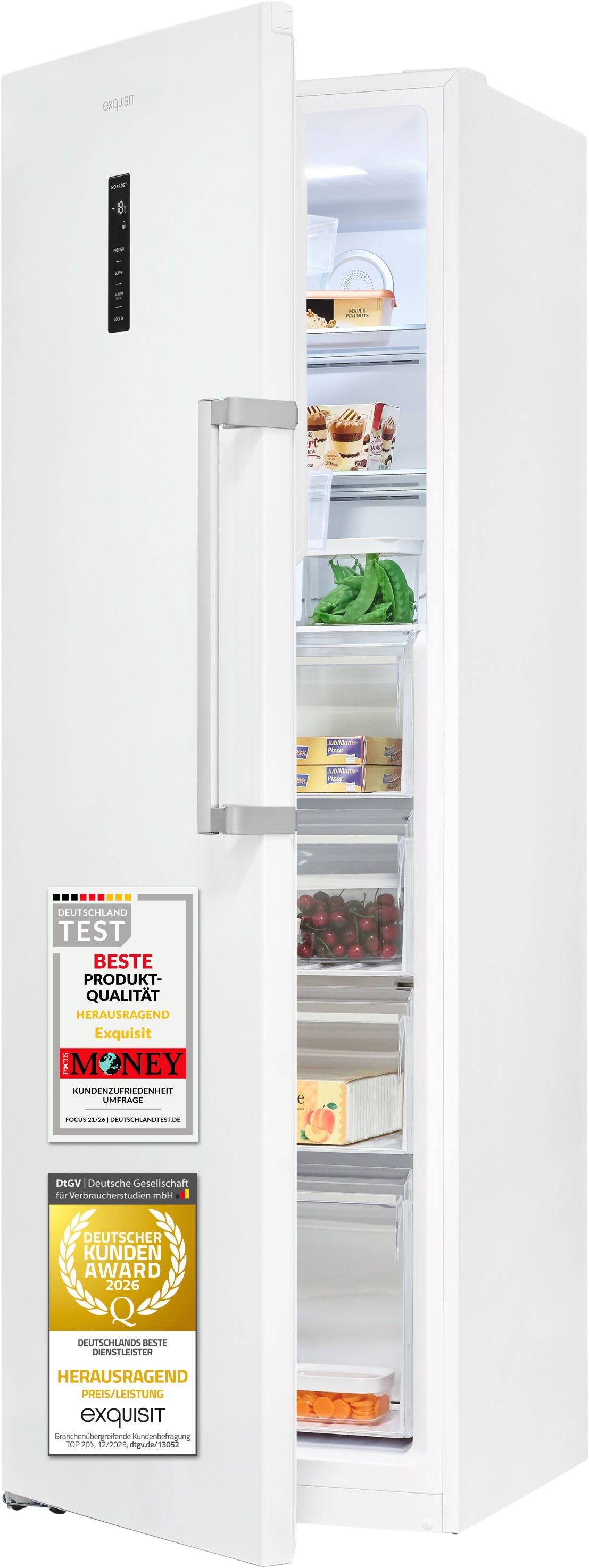 exquisit Gefrierschrank GS295-NF-H-040C weiss, 185 cm hoch, 60 cm breit, Viel Platz, starke Gefrierleistung & No Frost für eisfreies Gefrieren