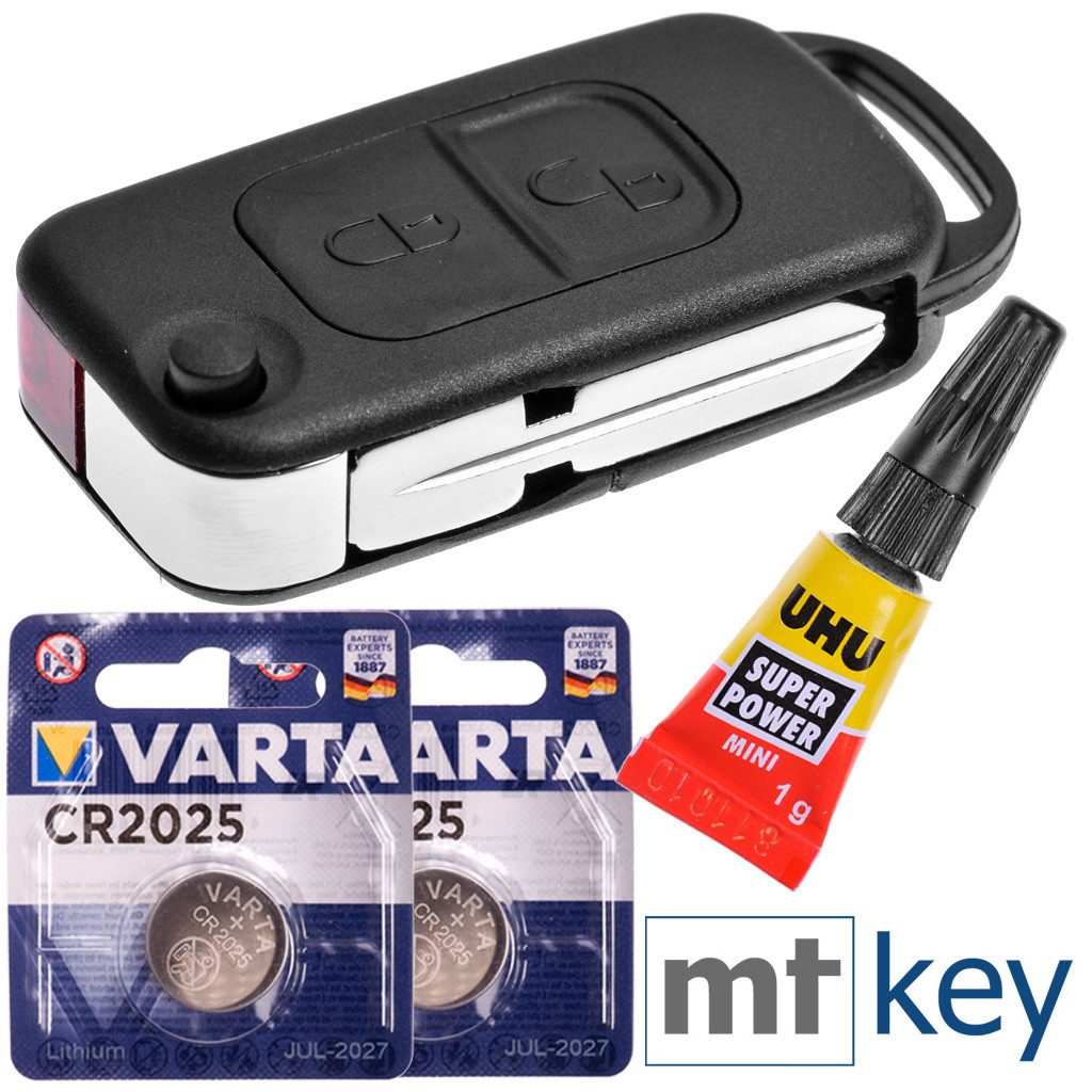 mt-key Auto Schlüssel 2 Tasten + HU39 Rohling + 1x Kleber + 2x VARTA CR2025 Knopfzelle, CR2025 (3 V), für Mercedes Benz R170 W414 W903 Chrysler Funk Fernbedienung
