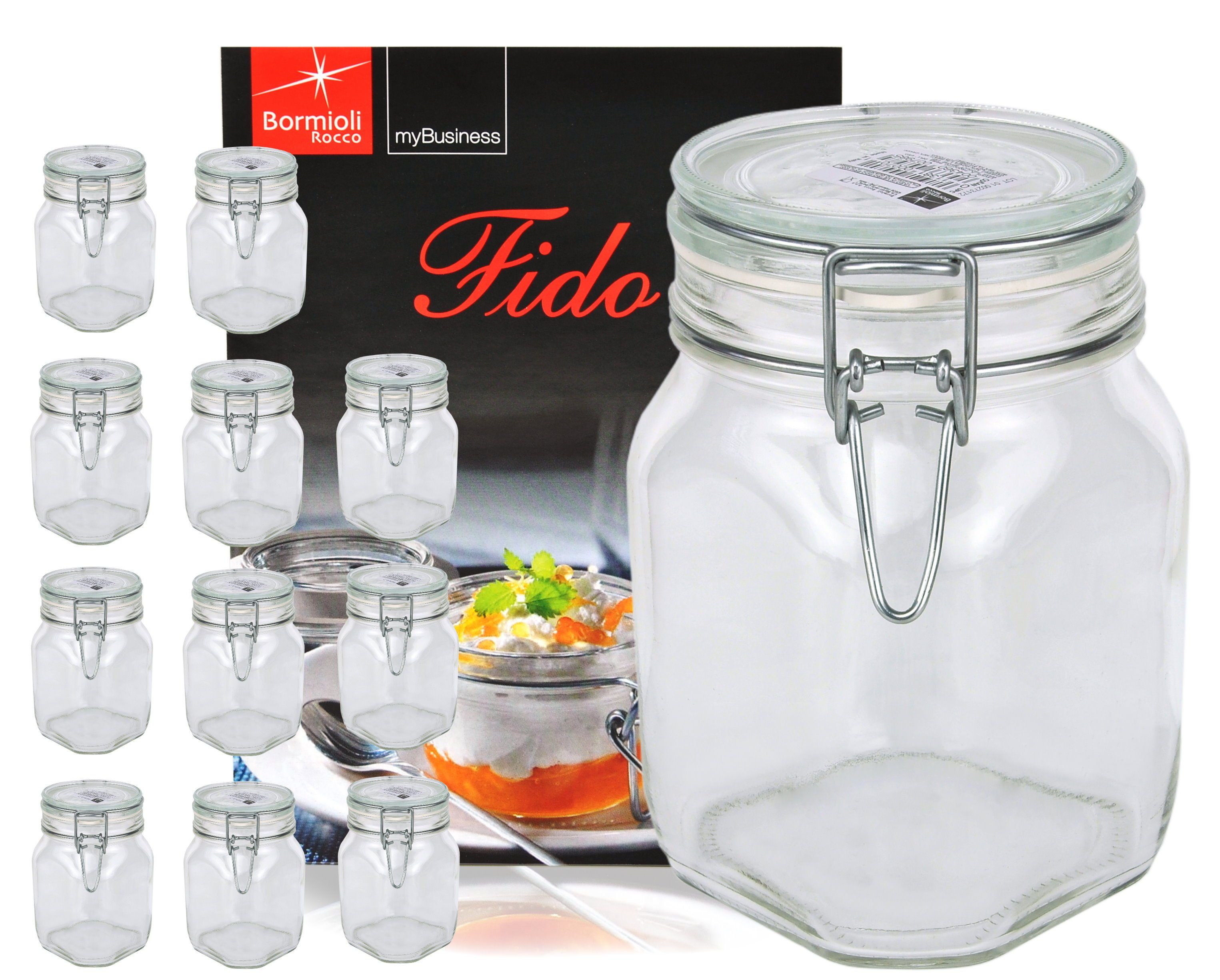 MamboCat Vorratsglas 12er Set Einmachglas Bügelverschluss Original Fido 1,0L Rezeptheft, Glas