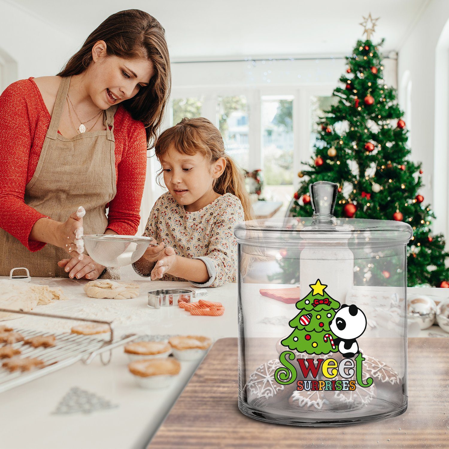 Weihnachten Keksdose Familie zu Freunde - Sweet Glasdose mit - UV-Druck Deckel, Partner, Glas, Keksdose für mit & Handgefertigte GRAVURZEILE luftdichtem surprises
