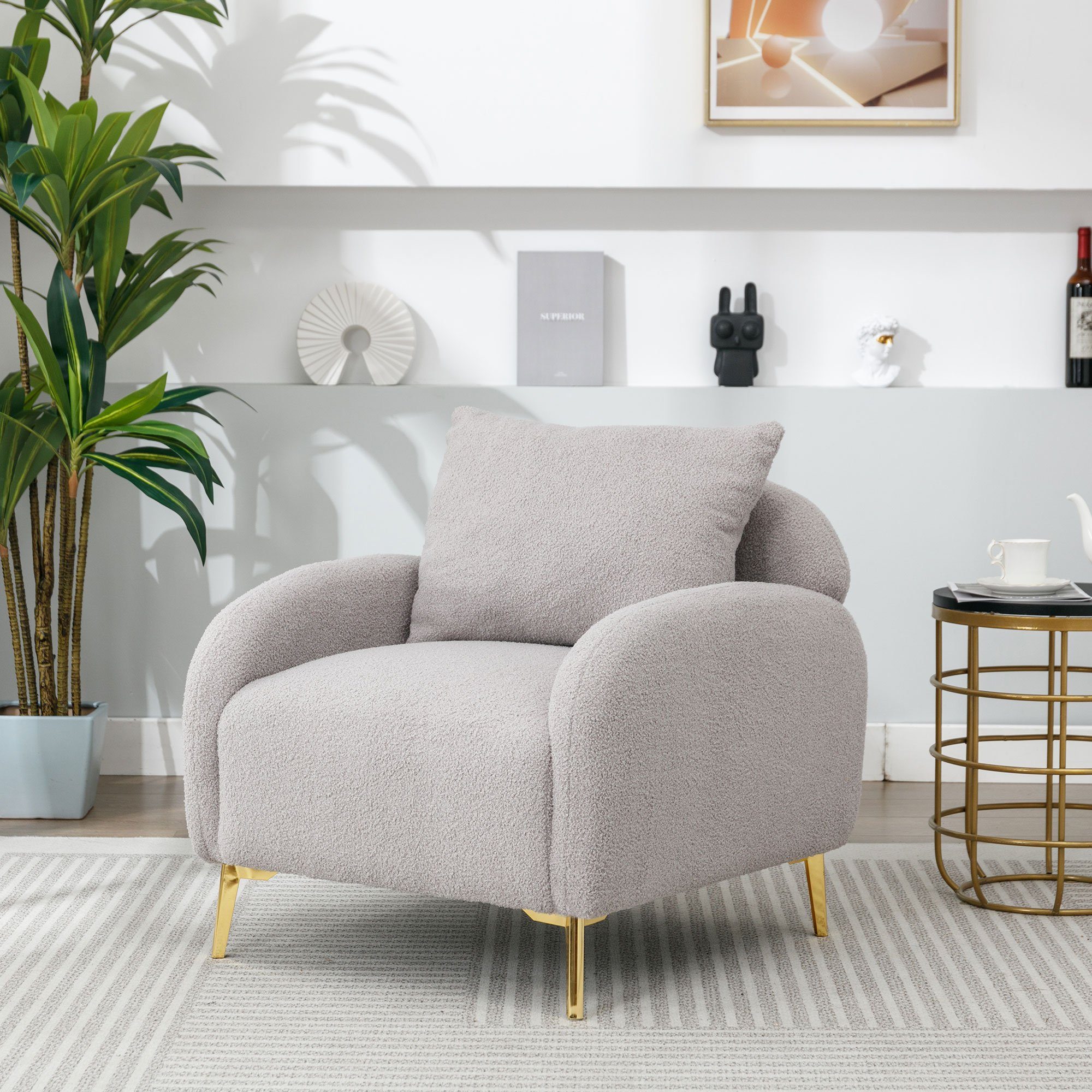 Merax Sessel mit goldenen Metallbeine und Rückenkissen, Loungesessel Teddystoff,Einzel Loungesofa,Relaxsessel