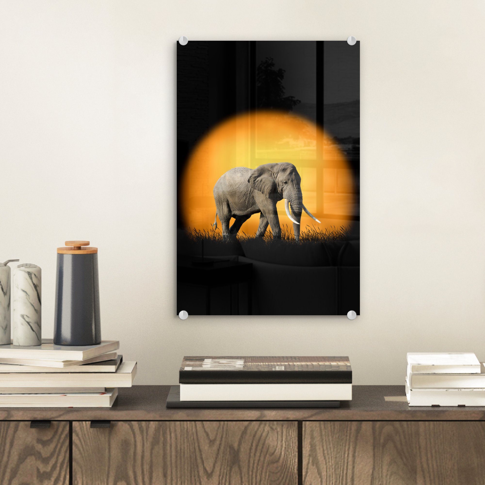 (1 Bilder Glas - MuchoWow St), Acrylglasbild Elefant auf Wanddekoration Sonne - Foto auf Glasbilder Glas Orange, - - Wandbild -
