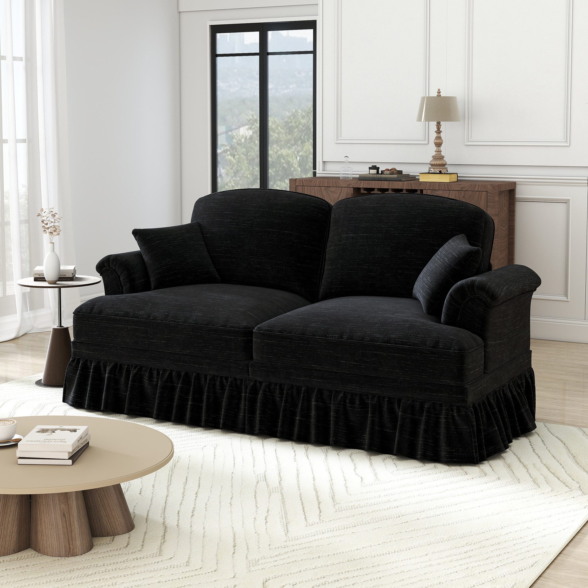 Odikalo Big-Sofa Ecksofa mit Schlaffunktion und Volant, Elegantes Mid-Century 2-3-4-5-Sitzer Sofa aus Chenille mit Trichter-Armlehnen, abnehmbarer Rüschenschürze & spindelförmigen Beinen – Komfortables Sofa fürs Wohnzimmer, Mehrfarbig