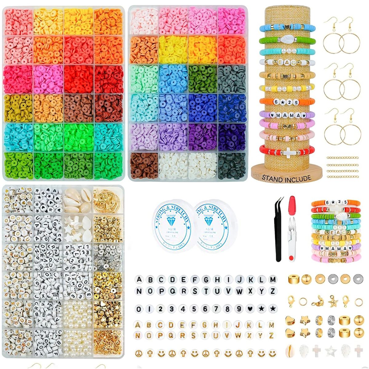 götäzer Ketten und Armband Set Freundschaftsarmband-Herstellungsset  (1-tlg), 14.000 Stück Tonperlen, 48 Farben, 3 Boxen mit Armbandclip