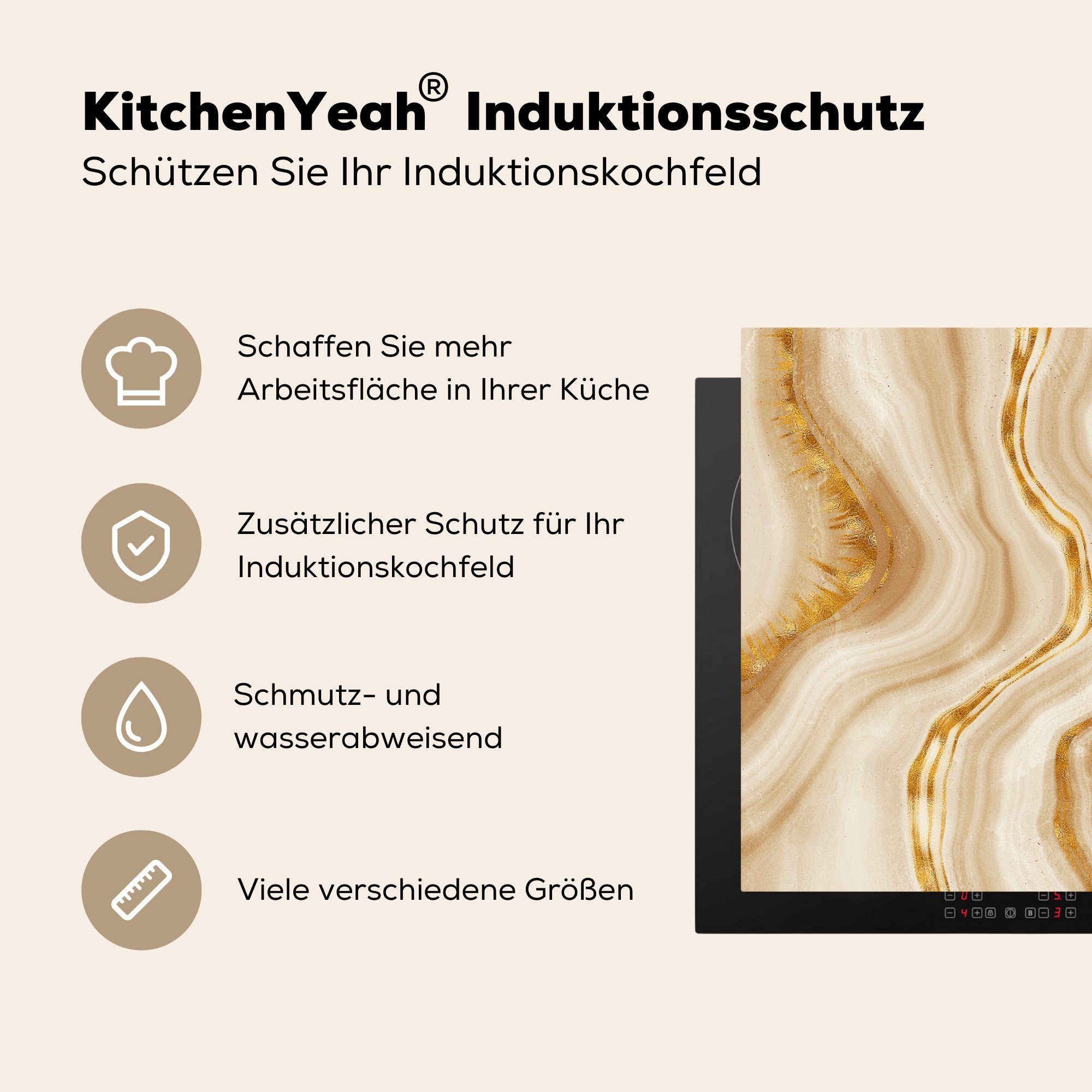 Vinyl, cm, Herdblende-/Abdeckplatte Ceranfeldabdeckung Gold (1 Muster, 81x52 tlg), - die Schutz Marmor - Induktionskochfeld küche, für MuchoWow