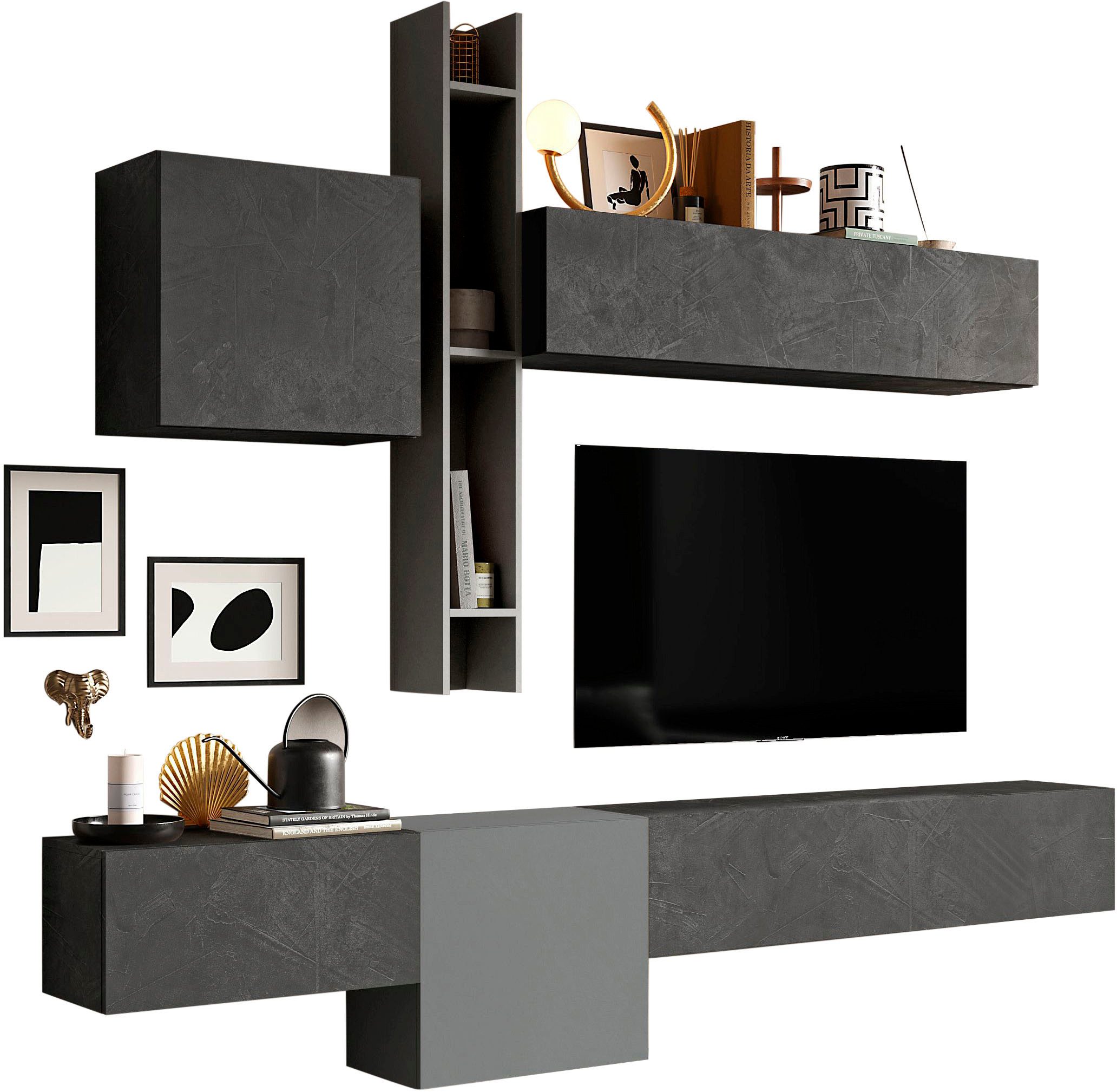 Home affaire Wohnwand Infinity, 6tlg. Breite 262 cm, Höhe variabel, Schrankwand, Anbauwand, (6-St), (Lowboard hängend, 2x Hängeschrank, 2x Hängewürfel, Wandregal)