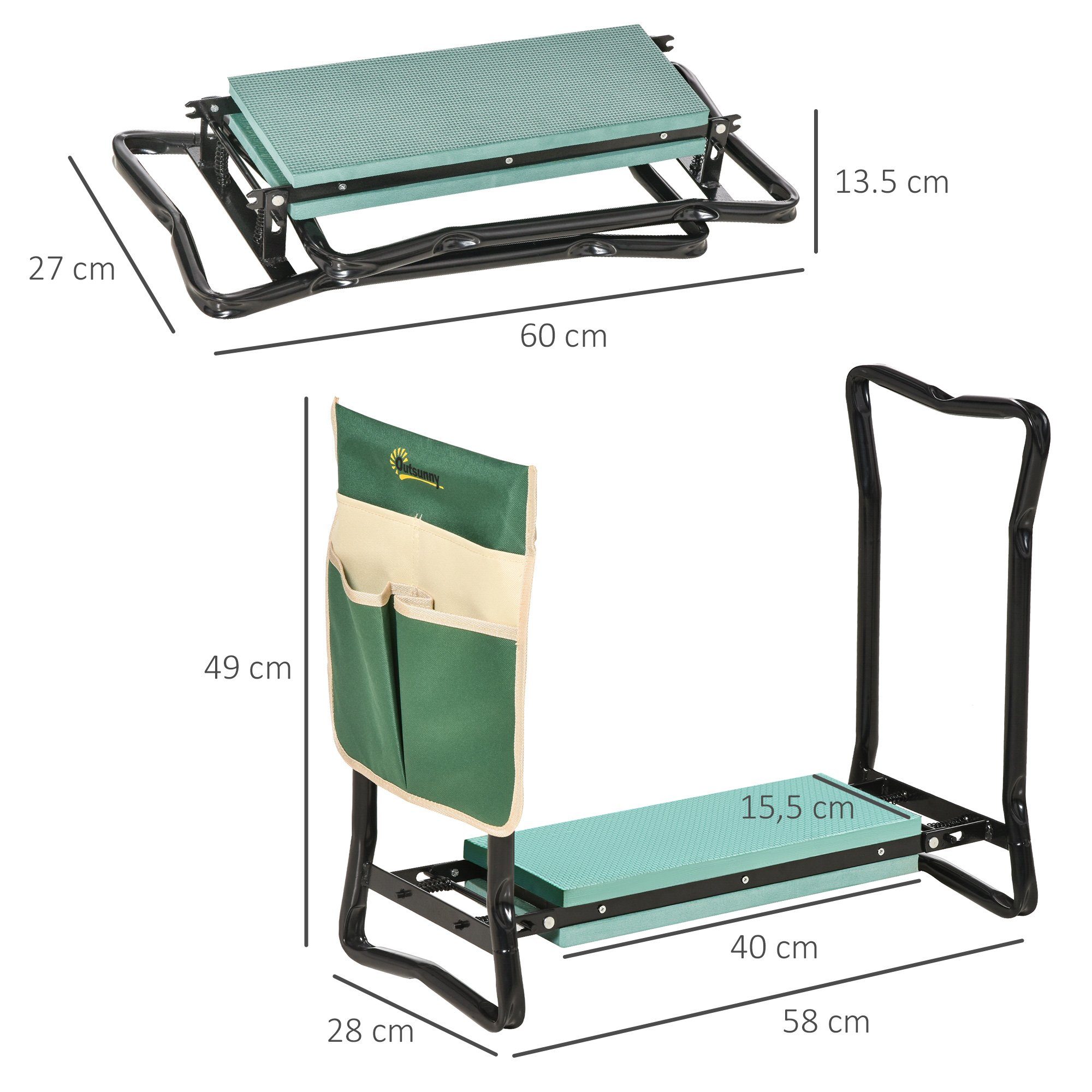 Outsunny Arbeitshocker klappbar mit Kniekissen, Werkzeugtaschen, belastbar bis 150 kg (Gartenhocker, 1 St., Kniebank), für Garten, Balkon, Grün