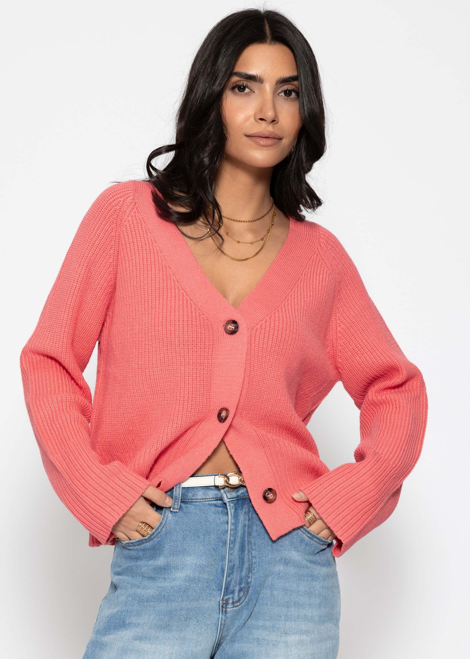 SASSYCLASSY Cardigan Gerippter Cardigan mit V-Ausschnitt für Damen Strickjacke mit markanter Knopfleiste und weiten Ärmeln