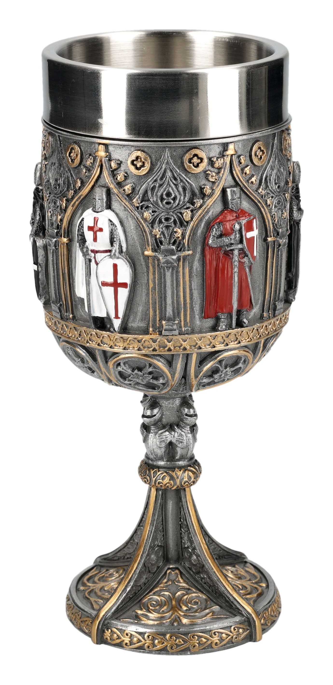 Figuren Shop GmbH Becher Kreuzritter Kelch – Mittelalter Gothic Ritter 18 cm 200 ml Weinkelch, Kunststein (Polyresin), Edelstahl