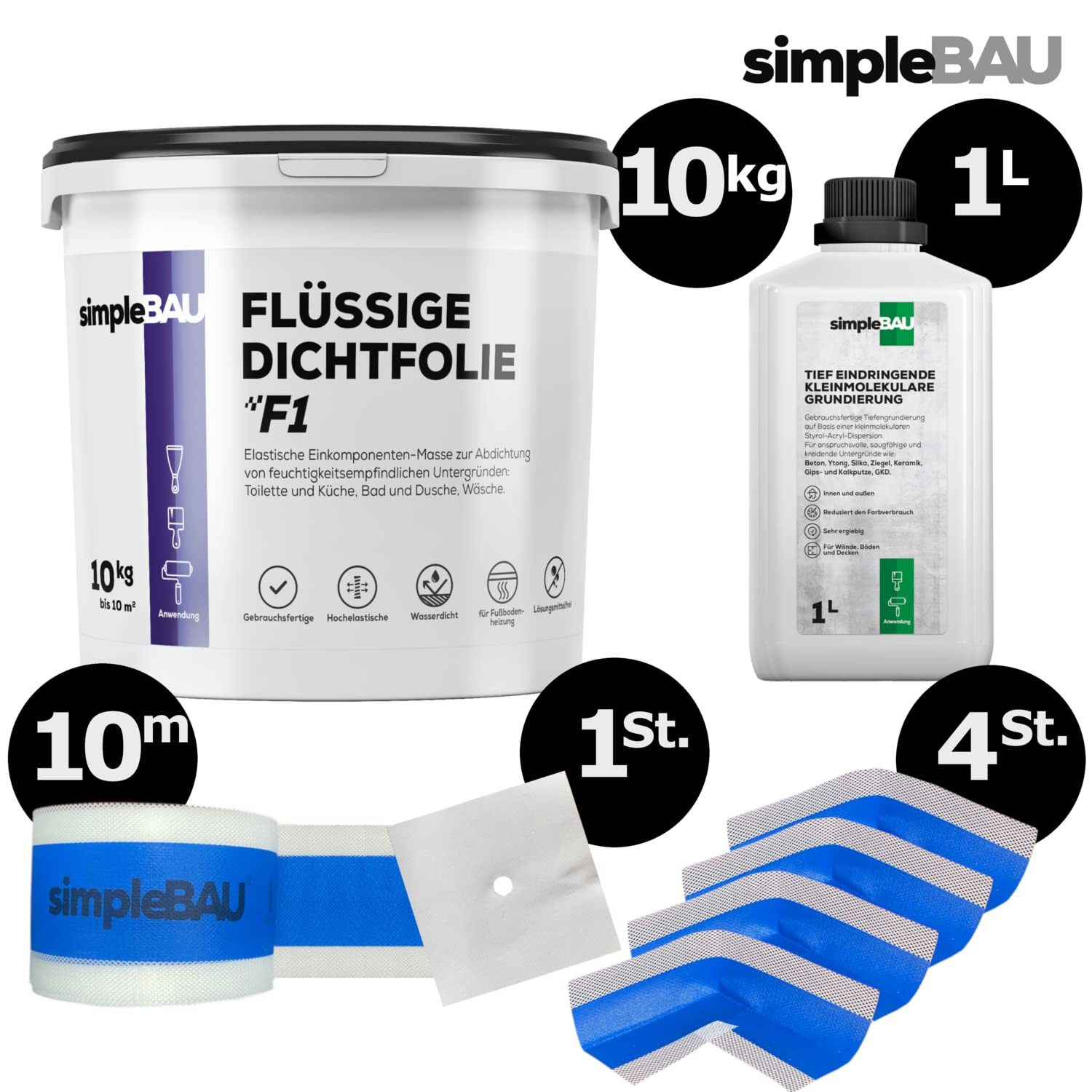 simpleBAU Dichtstoff Flüssigfolie Dichtfolie F1 10 kg + Tiefengrund 1L, (4-tlg)