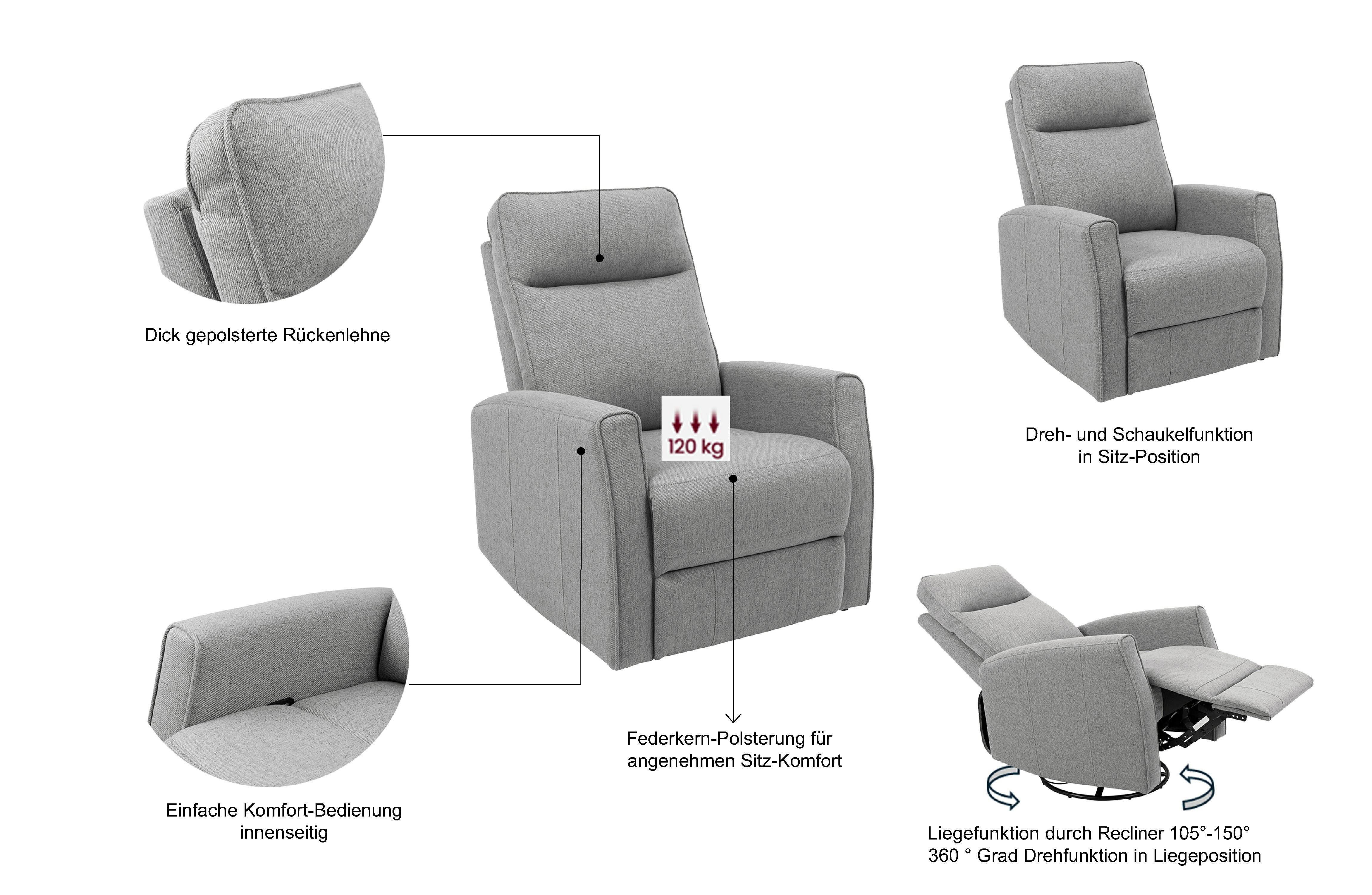 OTTO home Relaxsessel KAYLI mit Schaukel-, Dreh und Liegefunktion, Webstoff, Federkern, Lesesessel, TV-Sessel mit Reclinerfunktion, 360° drehbar