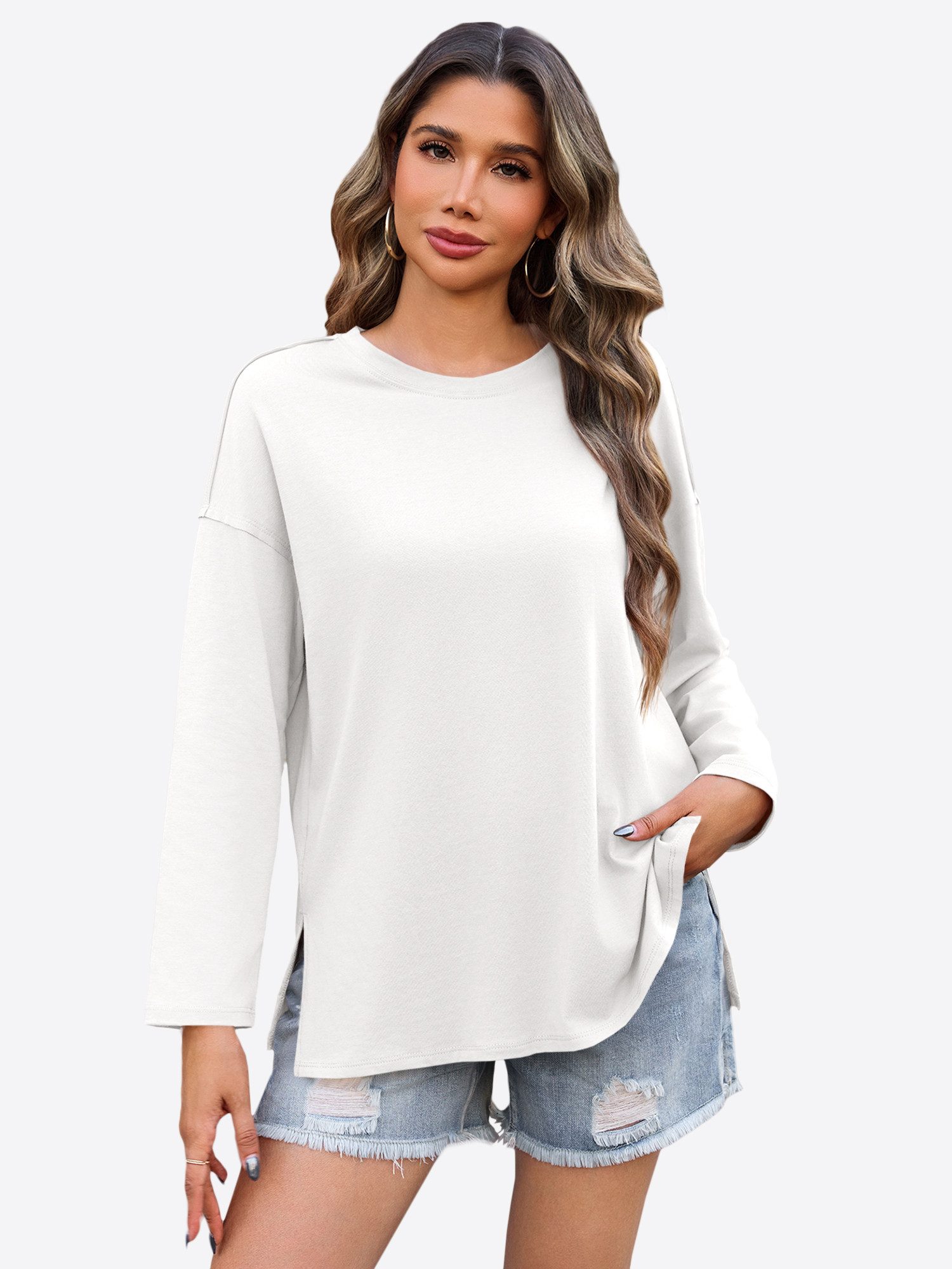 Imily Bela T-Shirt Damen Lockeres Langärmliges Hemd (Packung, 1-tlg., 1per-Pack) mit Rundhalsausschnitt