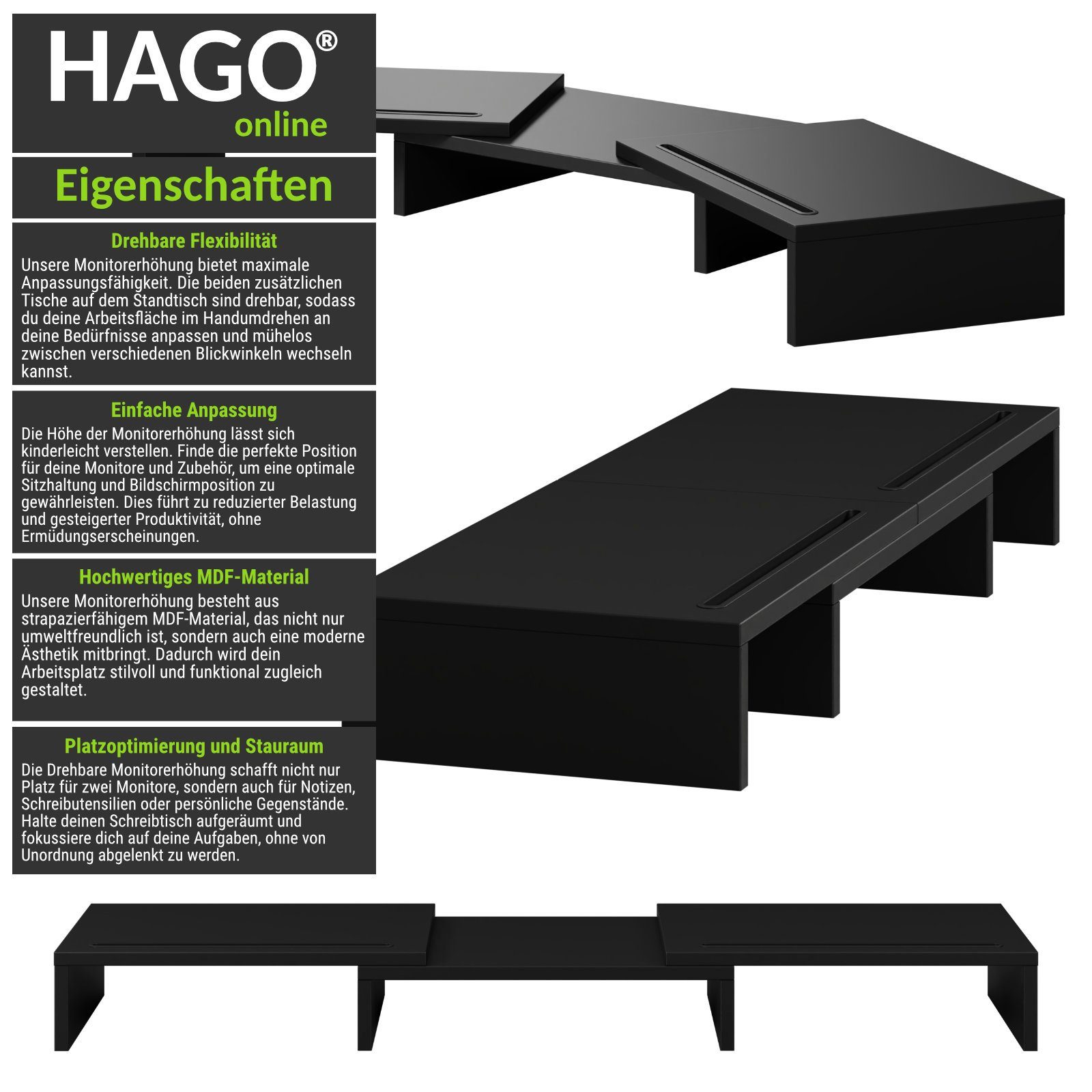 Unterbau Schreibtischaufsatz drehbar HAGO Auflage schwarz 3-tlg. Monitorständer Set Tischhalterung