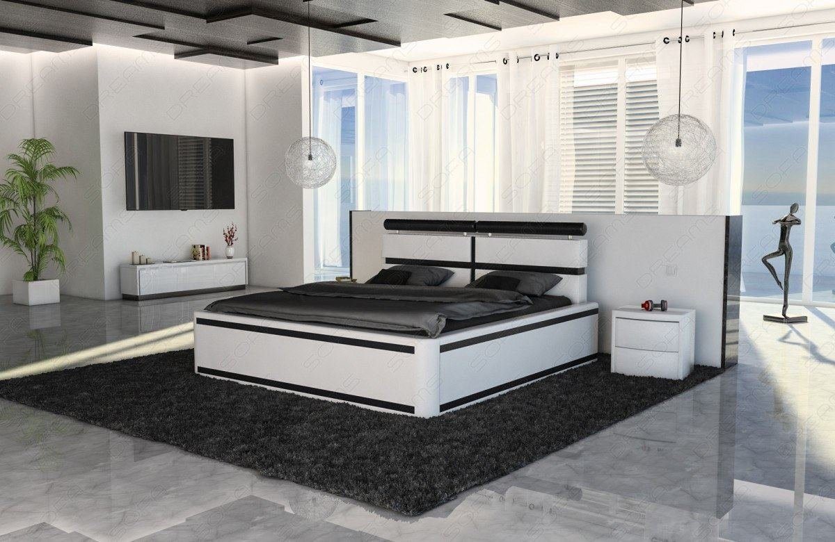 Sofa Dreams mit Beleuchtung, weiß-schwarz mit mit LED im LED Beleuchtung Premium Bett Matratze, Kopfteil Boxspringbett Topper, Venedig Komplettbett Kunstleder mit