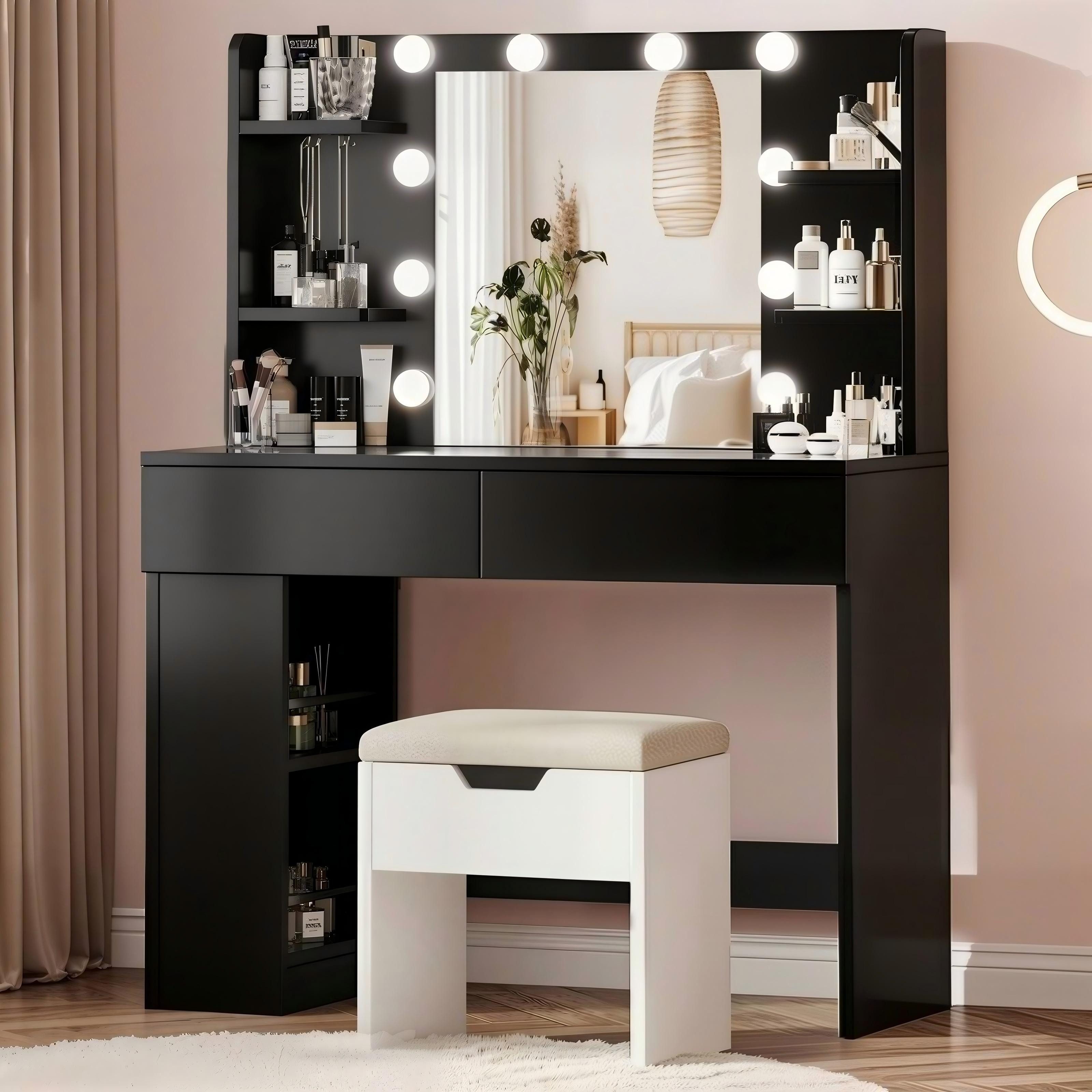 HOMALL Schminktisch mit Spiegel, LED-Beleuchtung, einstellbare Helligkeit, ostern (Länge × Breite × Höhe) 90/110 × 40 × 135 cm, 8 offene Fächer (2 seitliche Fächer sind nach links und rechts verschiebbar), 2 große Schubladen – Ostergeschenk)