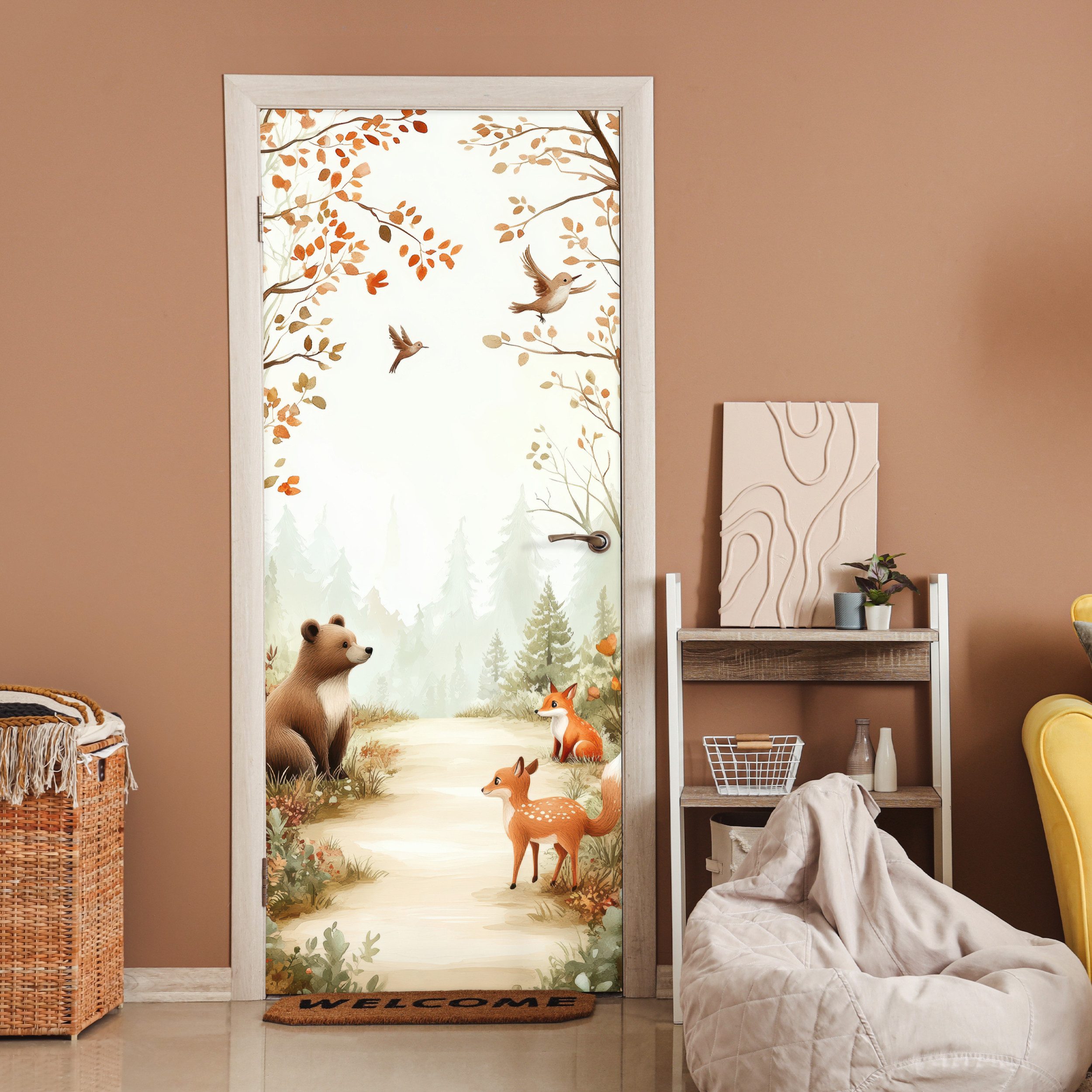 MuchoWow Türtapete Wald - Herbst - Waldtiere - Bär - Fuchs, Matt, bedruckt, günstig online kaufen