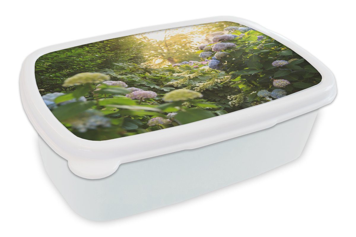 MuchoWow Lunchbox Gelbe Hortensien im Garten, Kunststoff, (2-tlg), Brotbox für Kinder und Erwachsene, Brotdose, für Jungs und Mädchen weiß