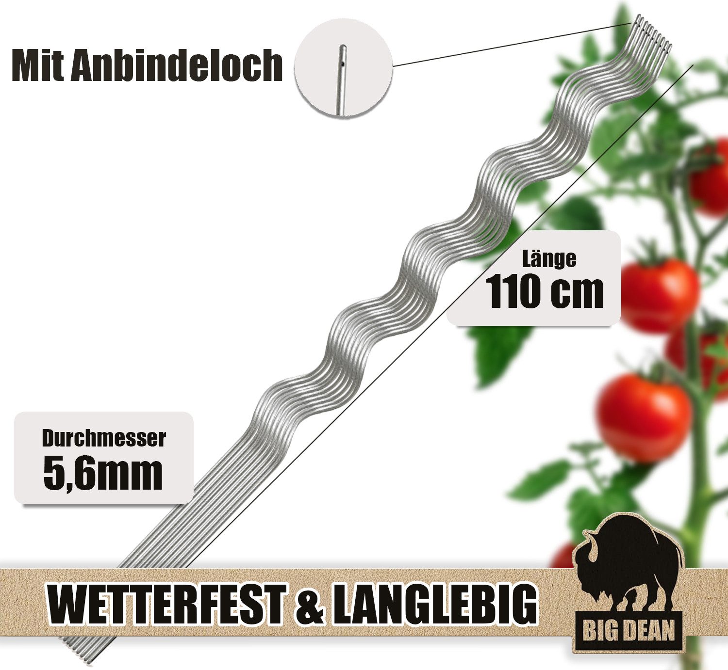 BigDean Rankgitter Tomatenspiralstäbe 110cm verzinkt Rankstab Ranke Pflanzstab Set, 10 St., Tomatenstäbe, Spiralstab, Mit Bindeloch