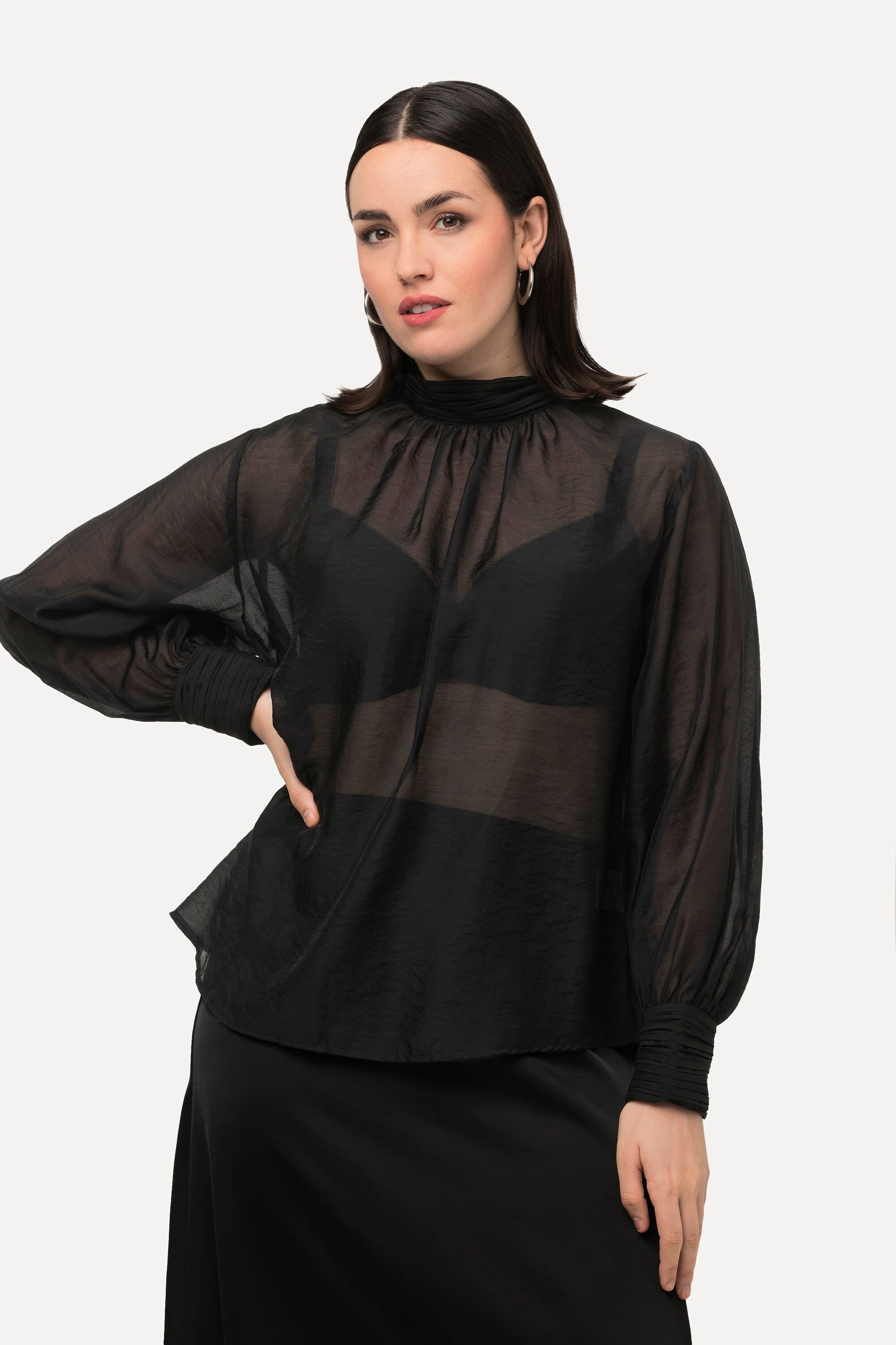 Longbluse Lyocell-Bluse Zierfalten Stehkragen Langarm