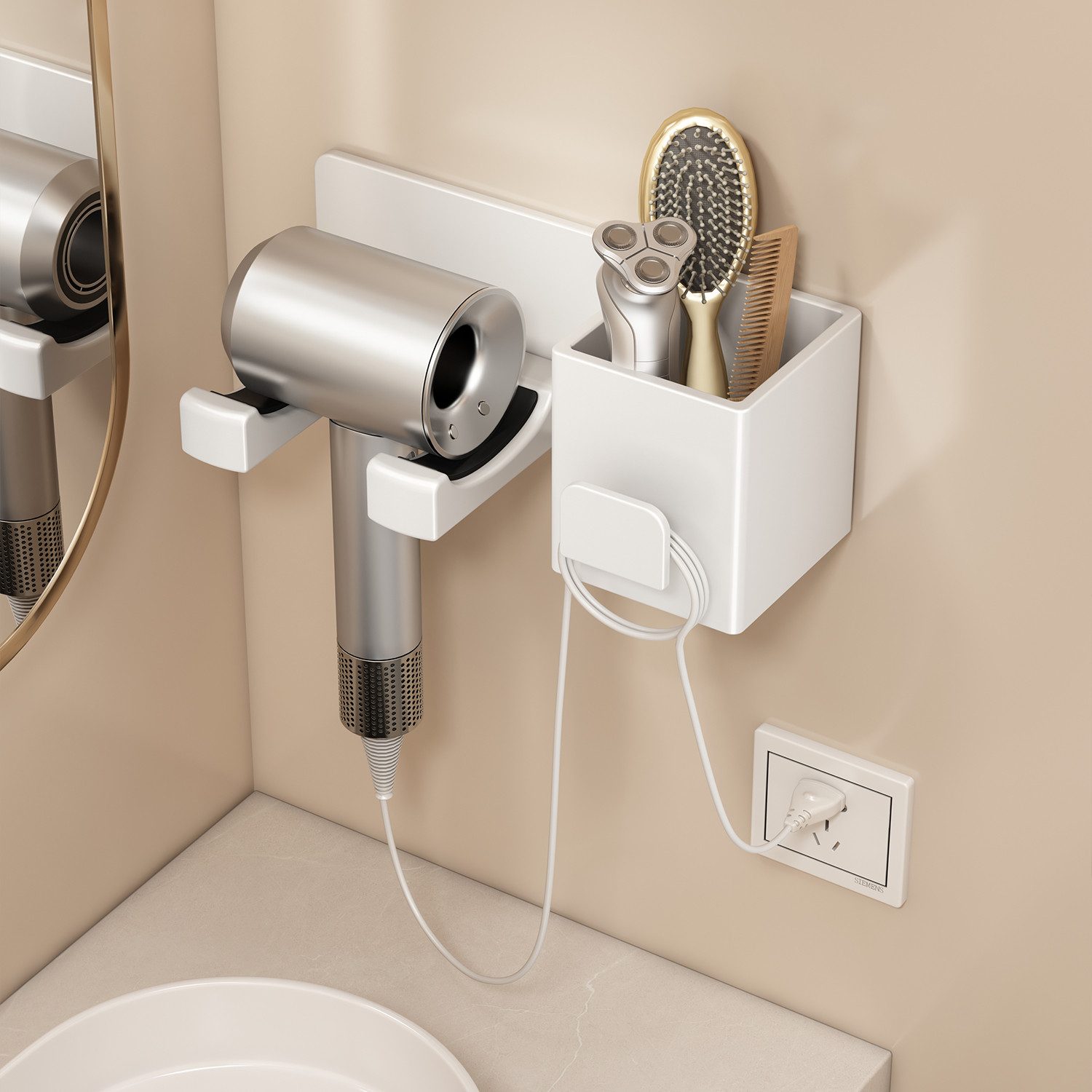 Refined Living Haartrocknerhalter Organizer für Haartrockner, Wandhalterung Haartrockner Halterung, (Haartrocknerhalter, Praktisches Wandregal für Föhn-Badezimmer Aufbewahrung, mit Großem Stauraum Aluminium, Rutschfeste Halterung,Ohne Bohren)