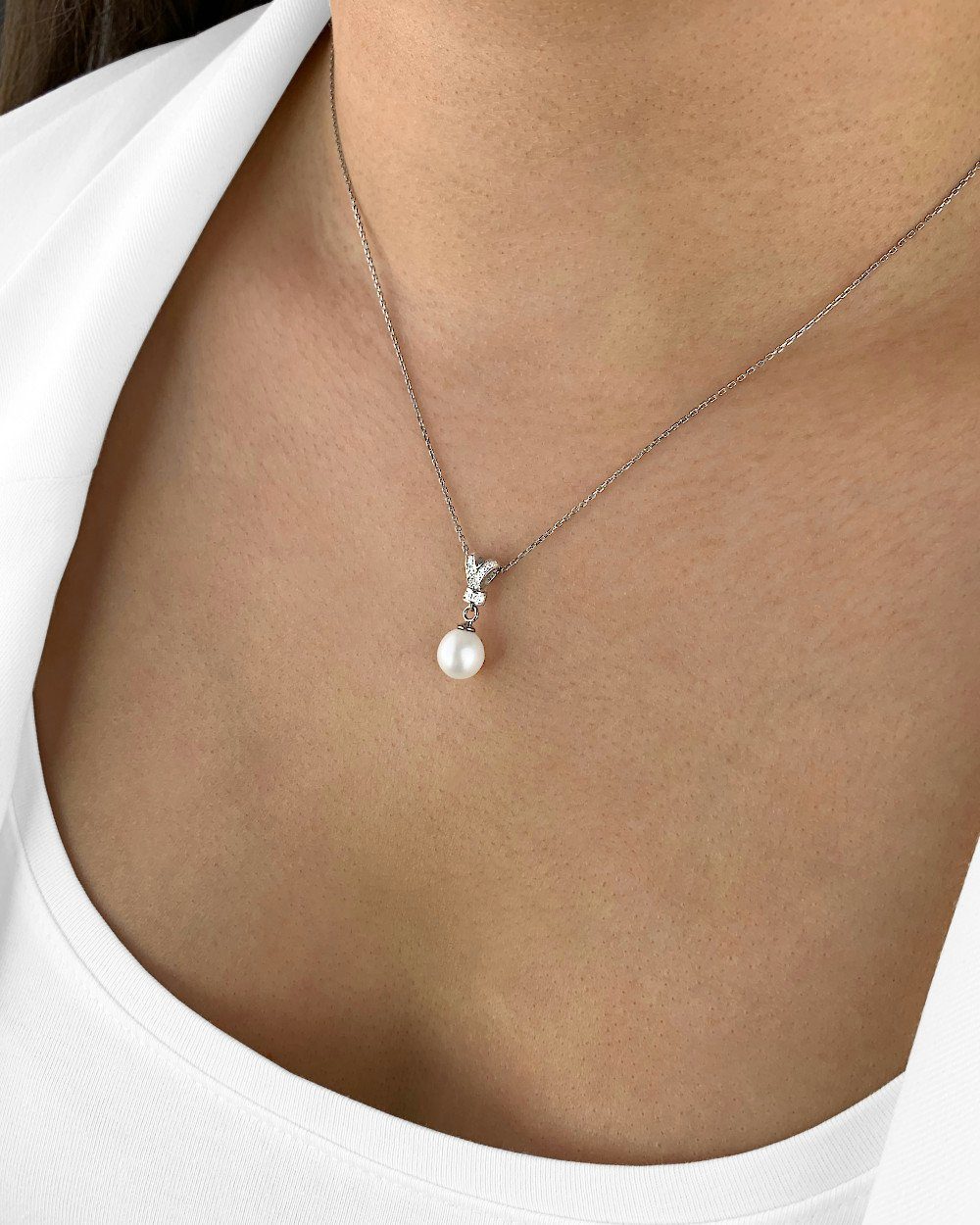 DANIEL CLIFFORD Perlenkette 'Veronica' Perle Damen weiß 925 Silberkette 45cm Verpackung), und (inkl. Anhänger Halskette - Kristall Silber 40cm größenverstellbare Perlenanhänger